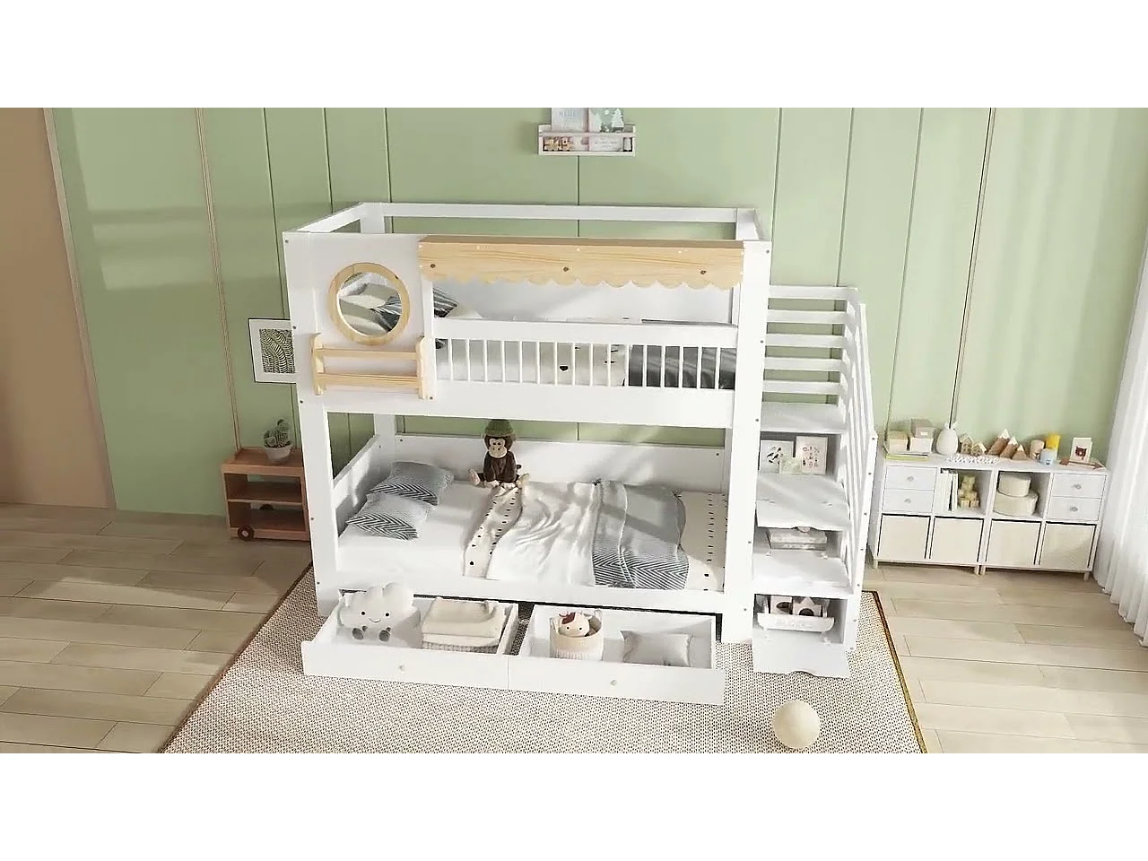 Lit superposé 90x200cm - avec 2 tiroirs - escalier avec rangement - avec étagères - Bois massif + MDF - Blanc + Naturel (sans matelas)