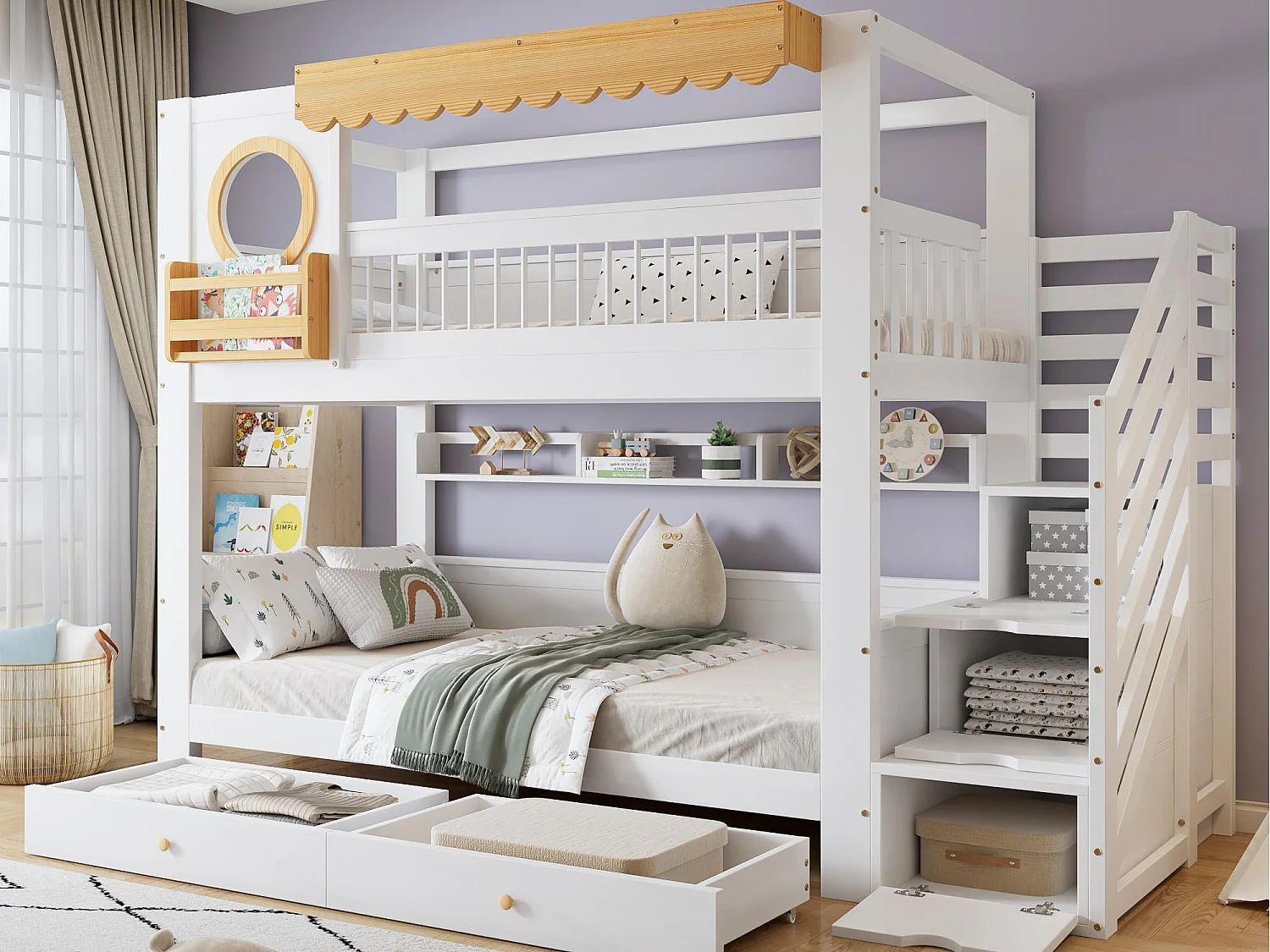 Lit superposé 90x200cm - avec 2 tiroirs - escalier avec rangement - avec étagères - Bois massif + MDF - Blanc + Naturel (sans matelas)