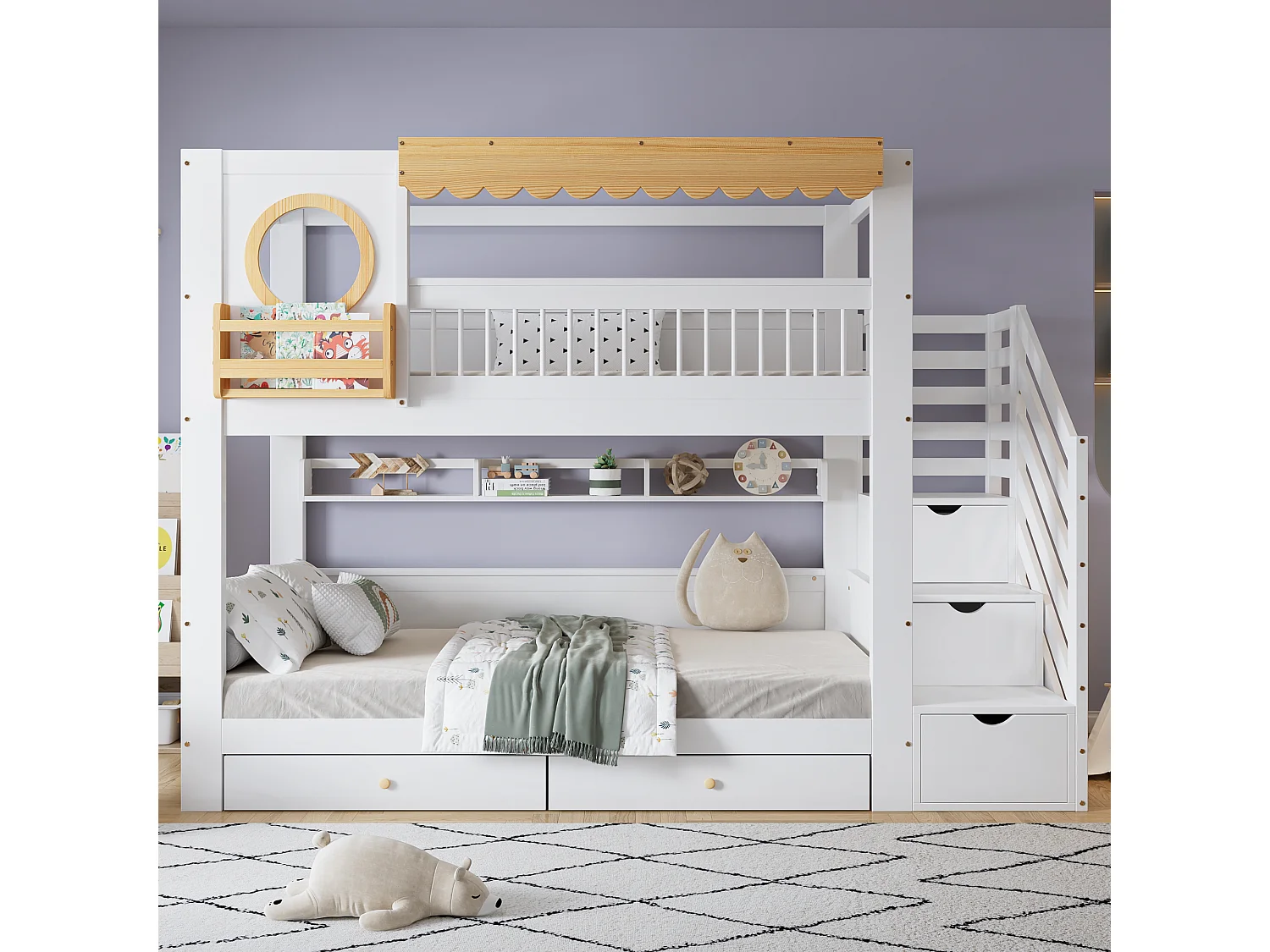 Lit superposé 90x200cm - avec 2 tiroirs - escalier avec rangement - avec étagères - Bois massif + MDF - Blanc + Naturel (sans matelas)