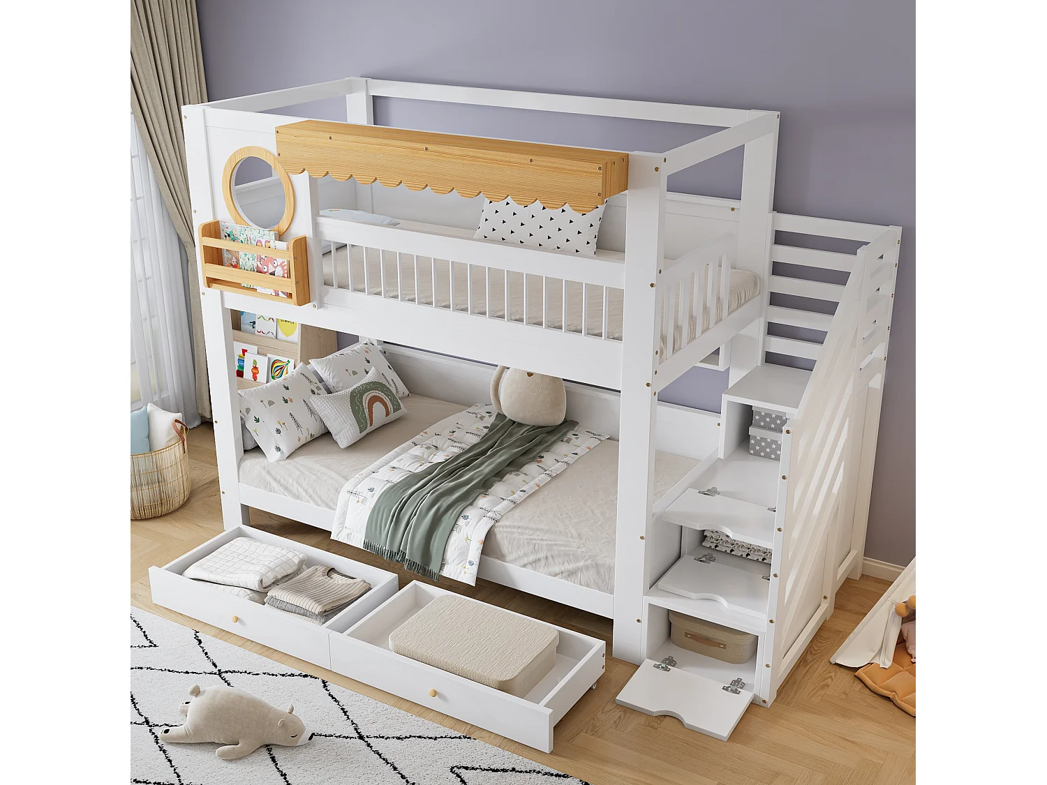 Lit superposé 90x200cm - avec 2 tiroirs - escalier avec rangement - avec étagères - Bois massif + MDF - Blanc + Naturel (sans matelas)