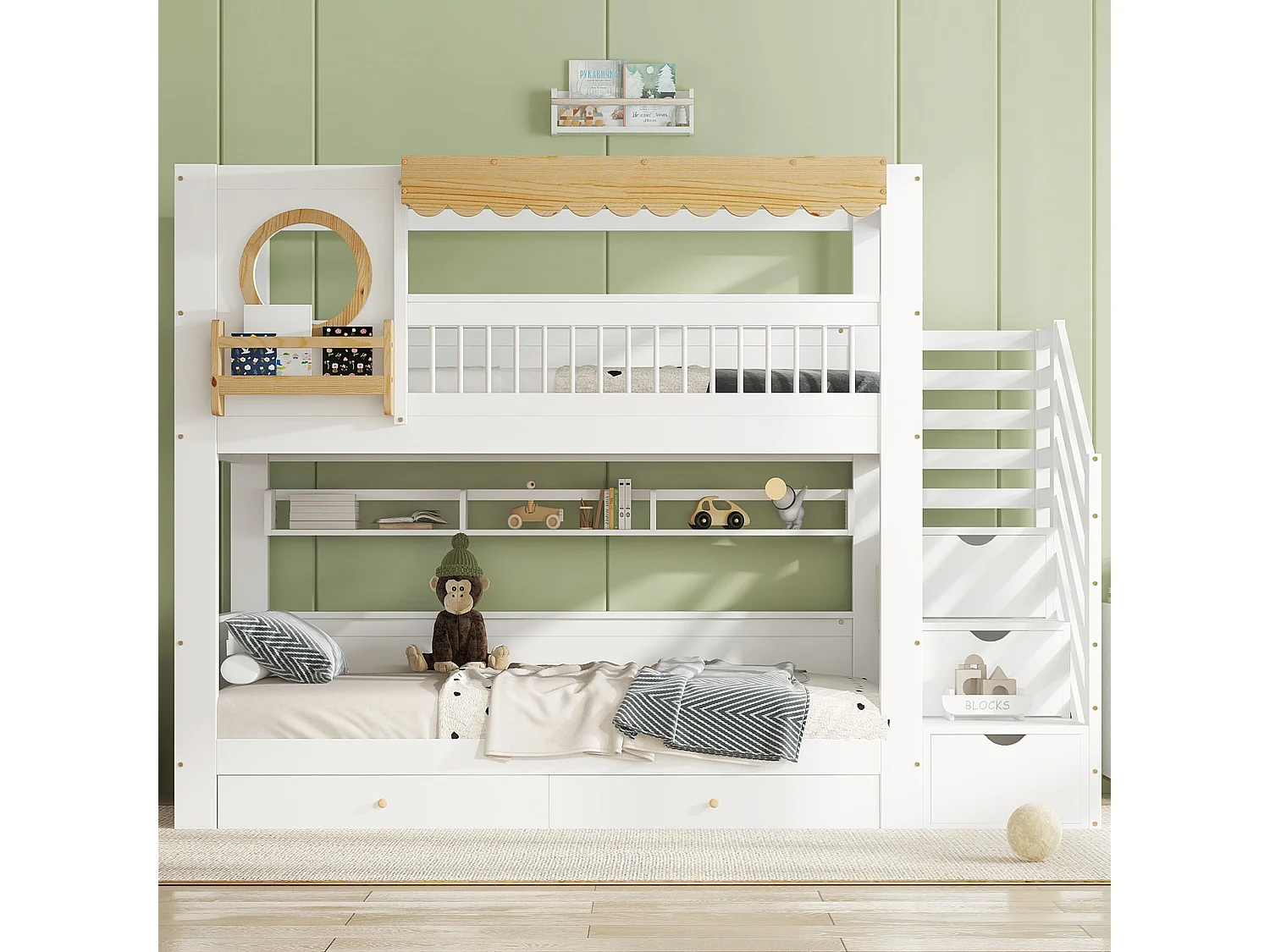 Lit superposé 90x200cm - avec 2 tiroirs - escalier avec rangement - avec étagères - Bois massif + MDF - Blanc + Naturel (sans matelas)