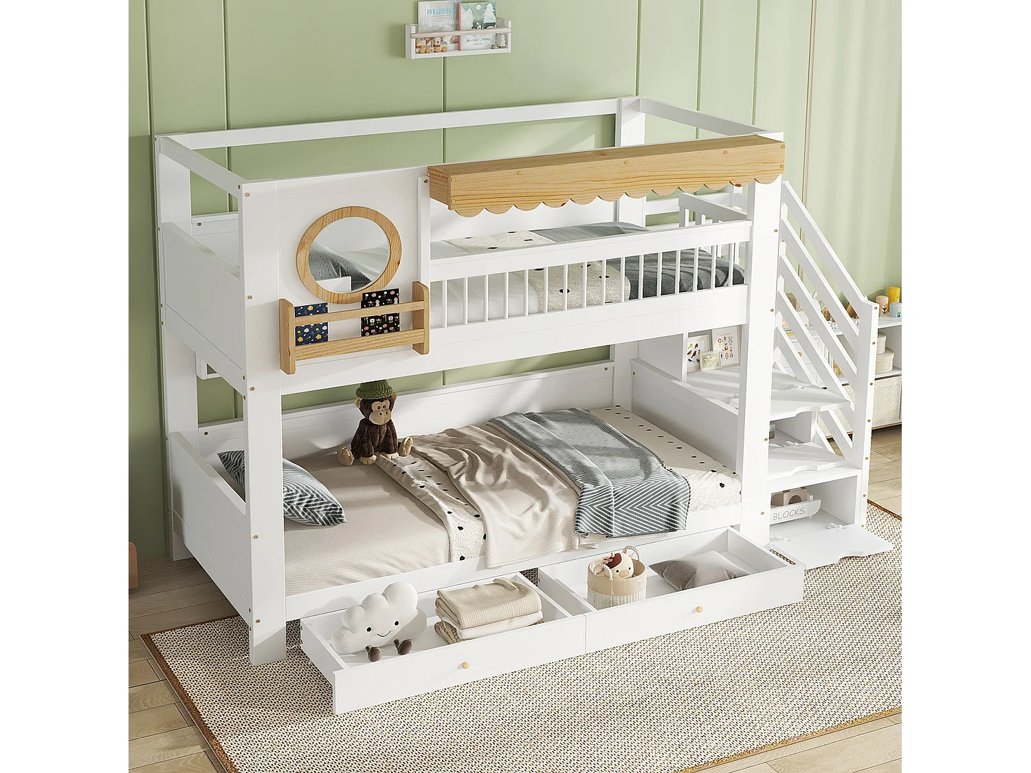 Lit superposé 90x200cm - avec 2 tiroirs - escalier avec rangement - avec étagères - Bois massif + MDF - Blanc + Naturel (sans matelas)