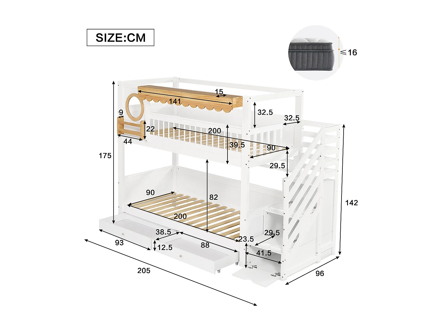 Lit superposé 90x200cm - avec 2 tiroirs - escalier avec rangement - avec étagères - Bois massif + MDF - Blanc + Naturel (sans matelas)