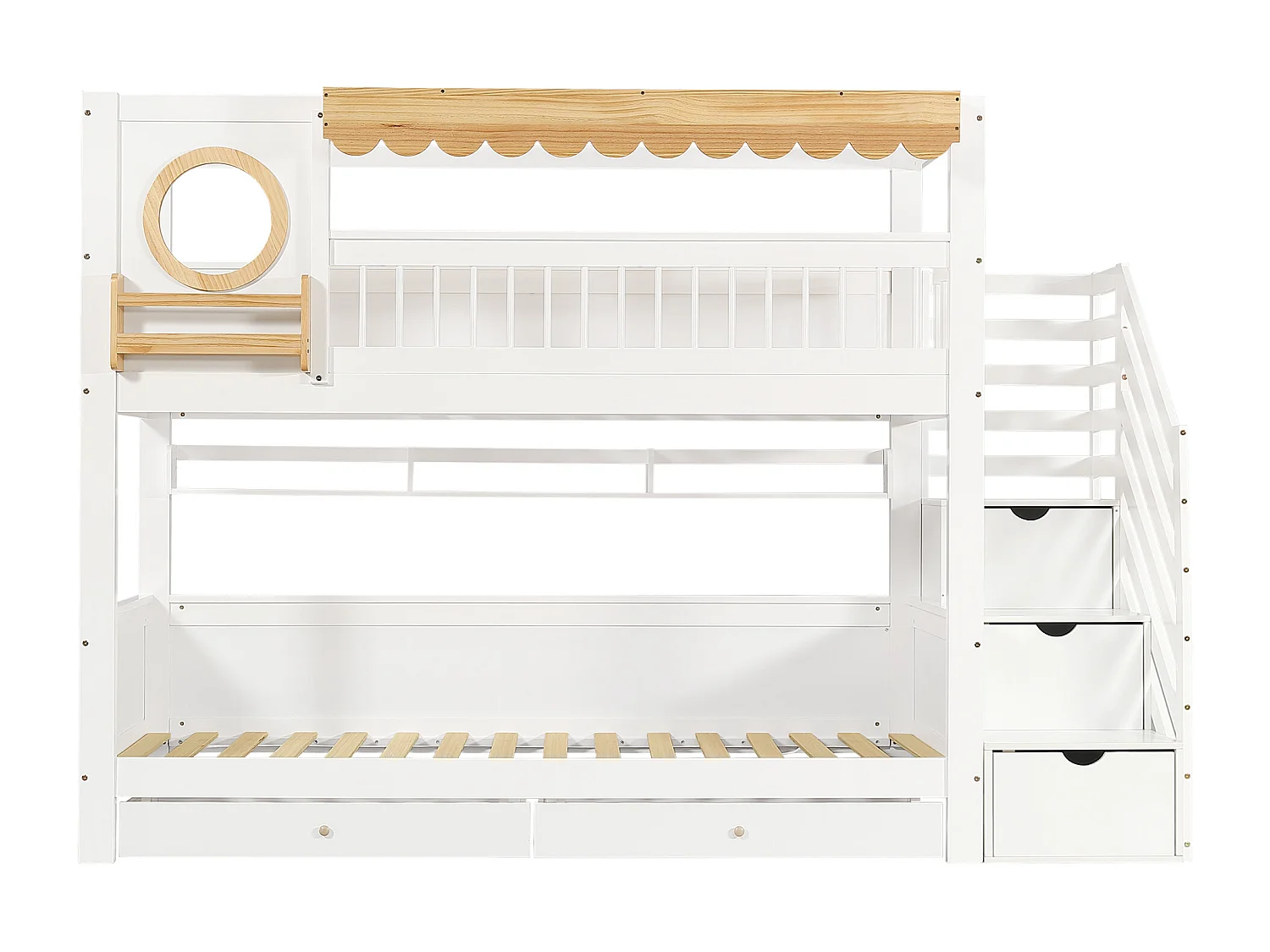 Lit superposé 90x200cm - avec 2 tiroirs - escalier avec rangement - avec étagères - Bois massif + MDF - Blanc + Naturel (sans matelas)