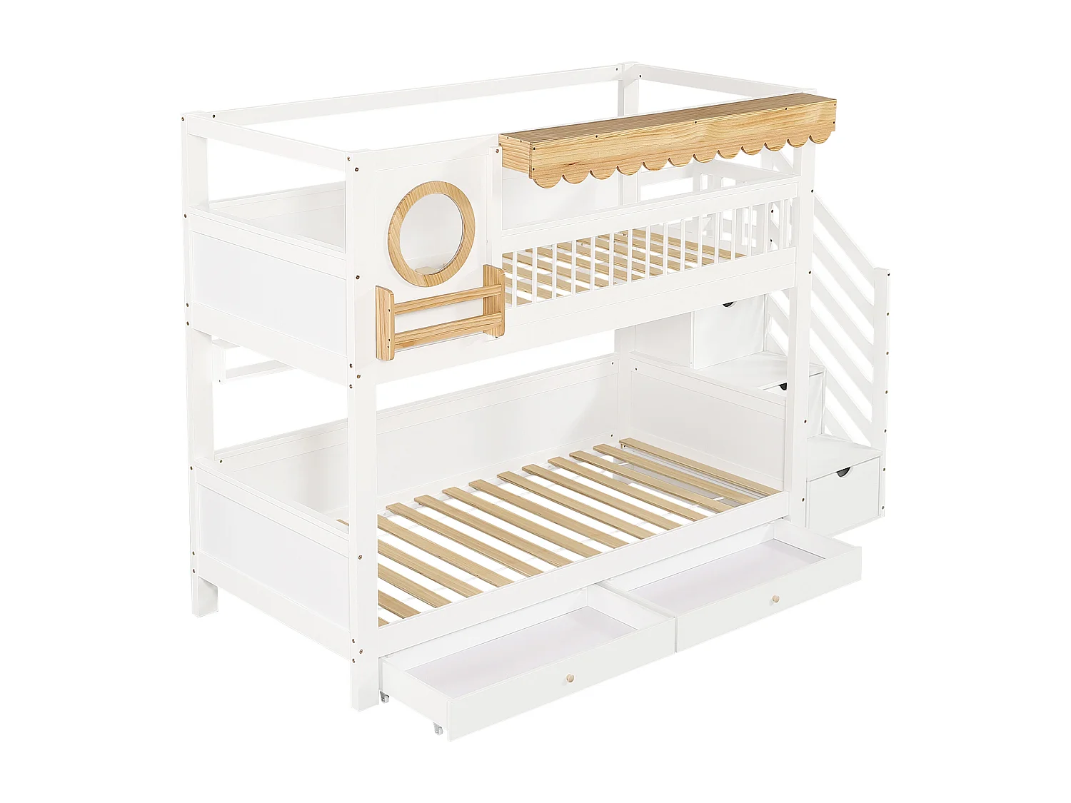 Lit superposé 90x200cm - avec 2 tiroirs - escalier avec rangement - avec étagères - Bois massif + MDF - Blanc + Naturel (sans matelas)