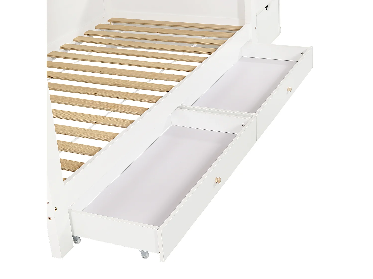 Lit superposé 90x200cm - avec 2 tiroirs - escalier avec rangement - avec étagères - Bois massif + MDF - Blanc + Naturel (sans matelas)