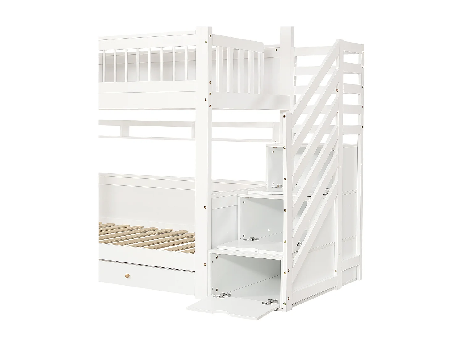 Lit superposé 90x200cm - avec 2 tiroirs - escalier avec rangement - avec étagères - Bois massif + MDF - Blanc + Naturel (sans matelas)