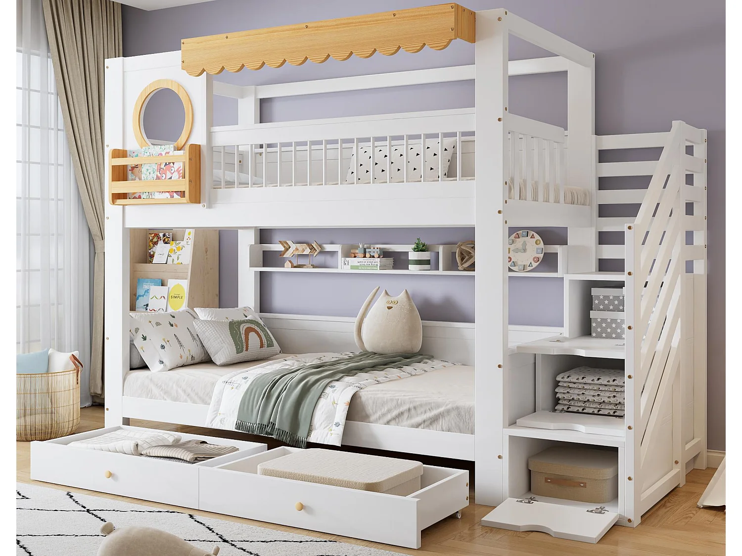 Stapelbed 90x200cm - met 2 lades - trap met opbergruimte - met planken - Massief hout + MDF - Wit + Natuur (zonder matras)