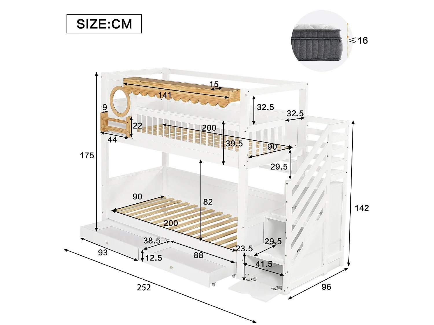 Stapelbed 90x200cm - met 2 lades - trap met opbergruimte - met planken - Massief hout + MDF - Wit + Natuur (zonder matras)