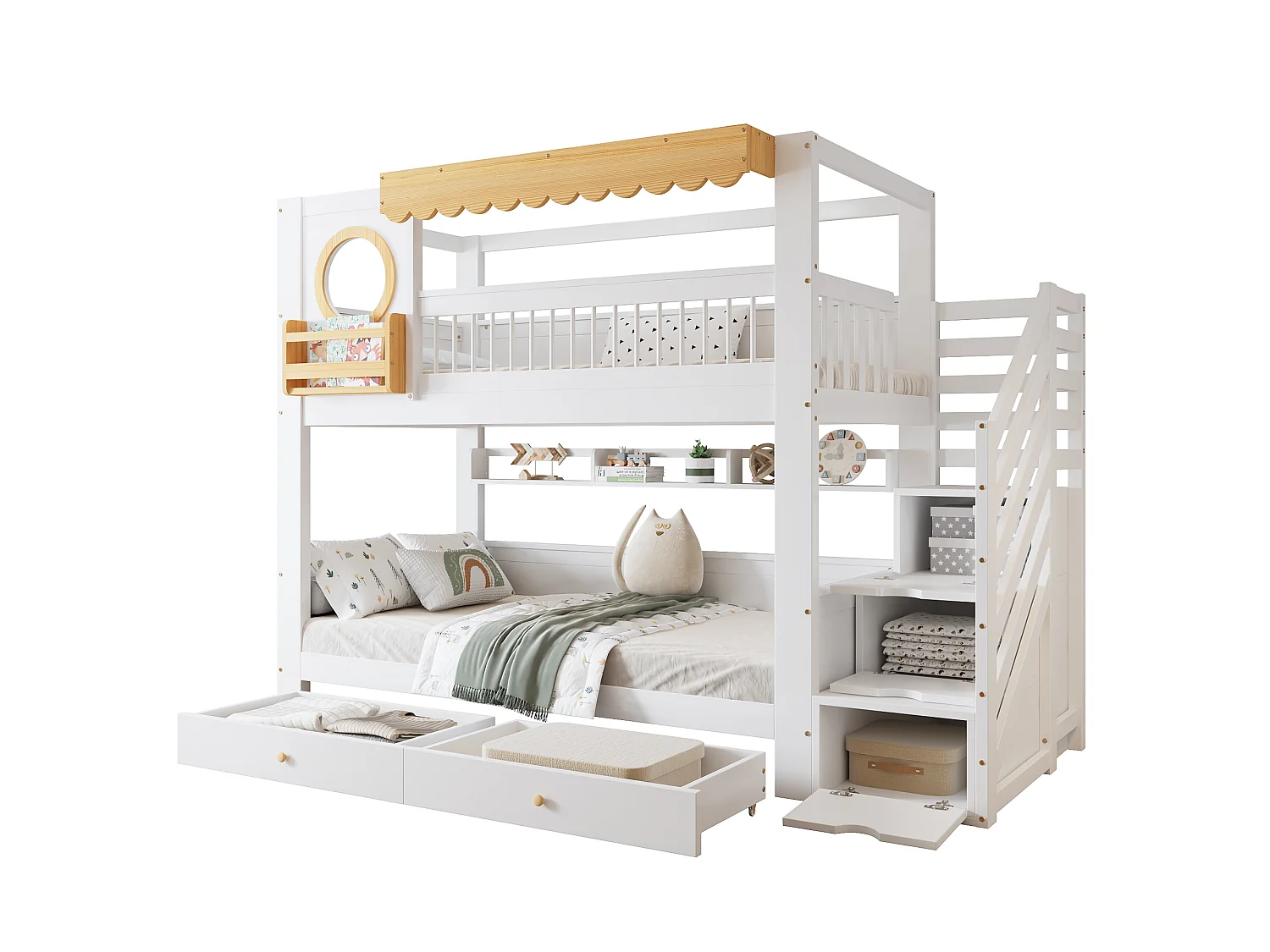 Stapelbed 90x200cm - met 2 lades - trap met opbergruimte - met planken - Massief hout + MDF - Wit + Natuur (zonder matras)