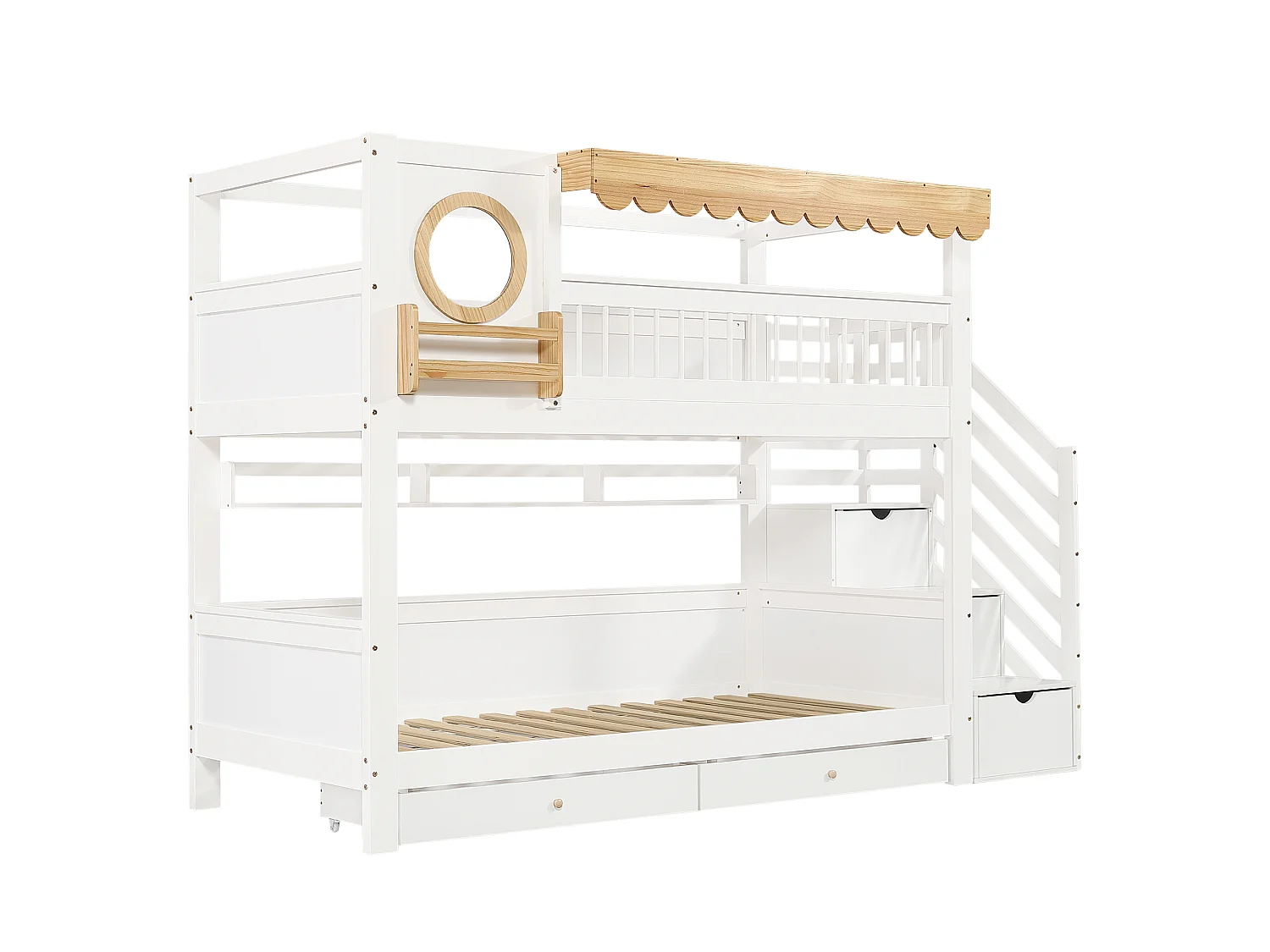 Stapelbed 90x200cm - met 2 lades - trap met opbergruimte - met planken - Massief hout + MDF - Wit + Natuur (zonder matras)