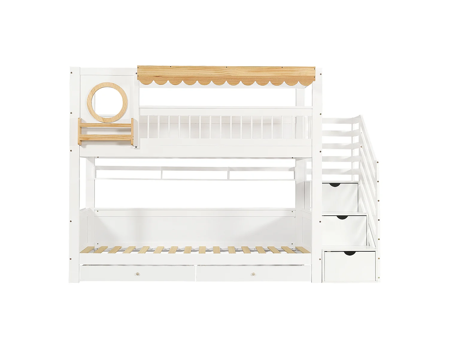 Stapelbed 90x200cm - met 2 lades - trap met opbergruimte - met planken - Massief hout + MDF - Wit + Natuur (zonder matras)