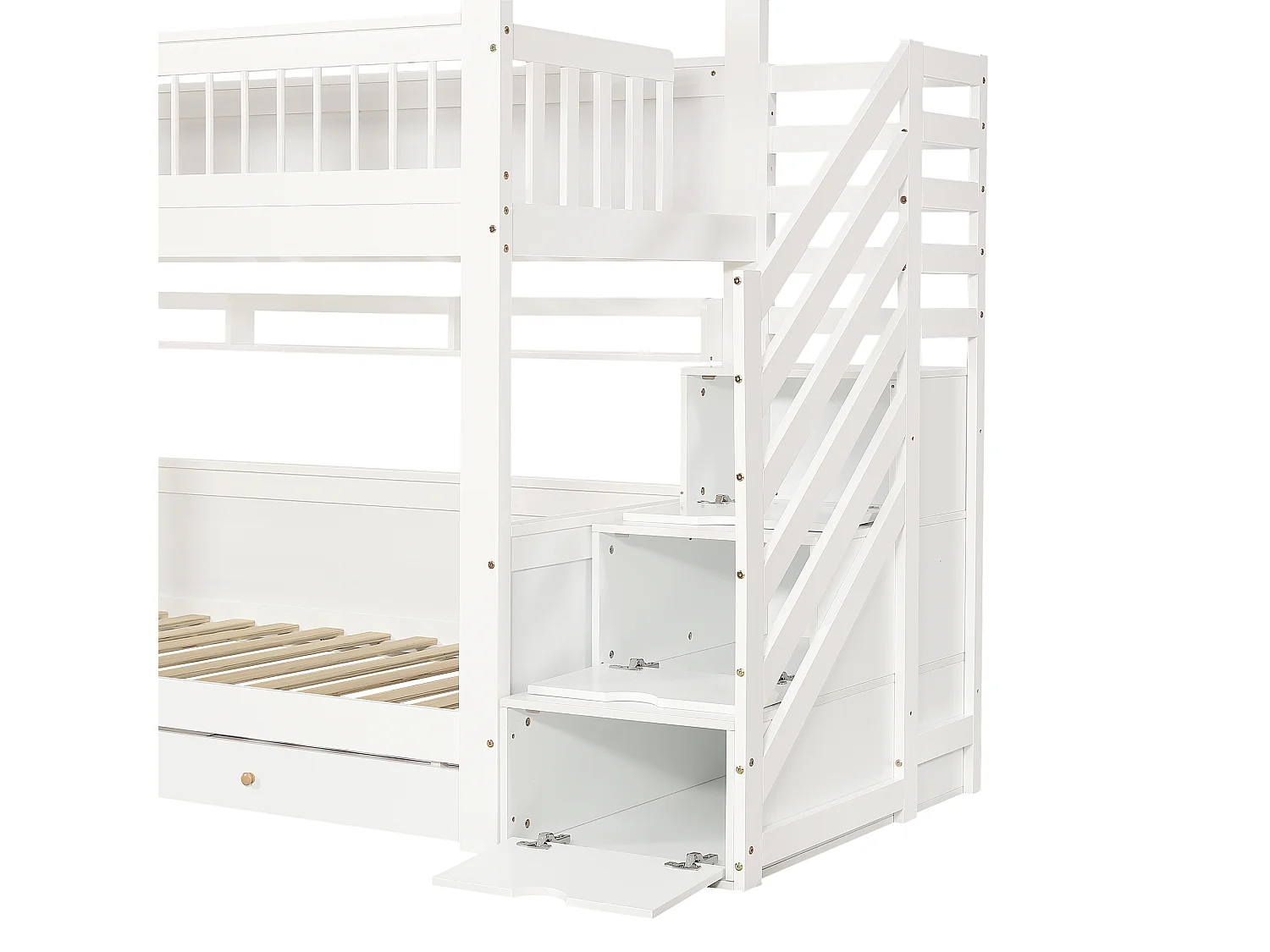 Stapelbed 90x200cm - met 2 lades - trap met opbergruimte - met planken - Massief hout + MDF - Wit + Natuur (zonder matras)