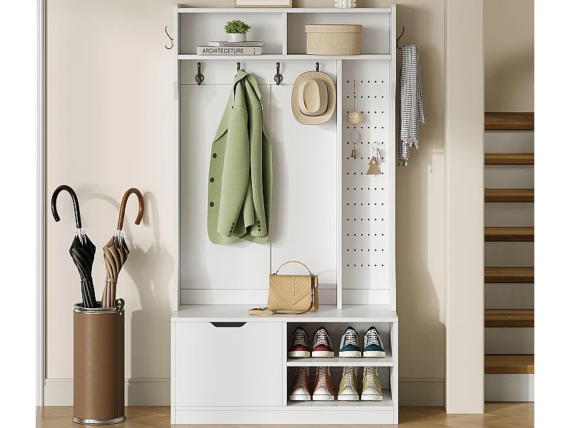 Moderne eingangsgarderobenset 100x40x185.4cm - mit 6 Haken und 1 Tür - mit 4 offenen Regalbrettern - Weiß
