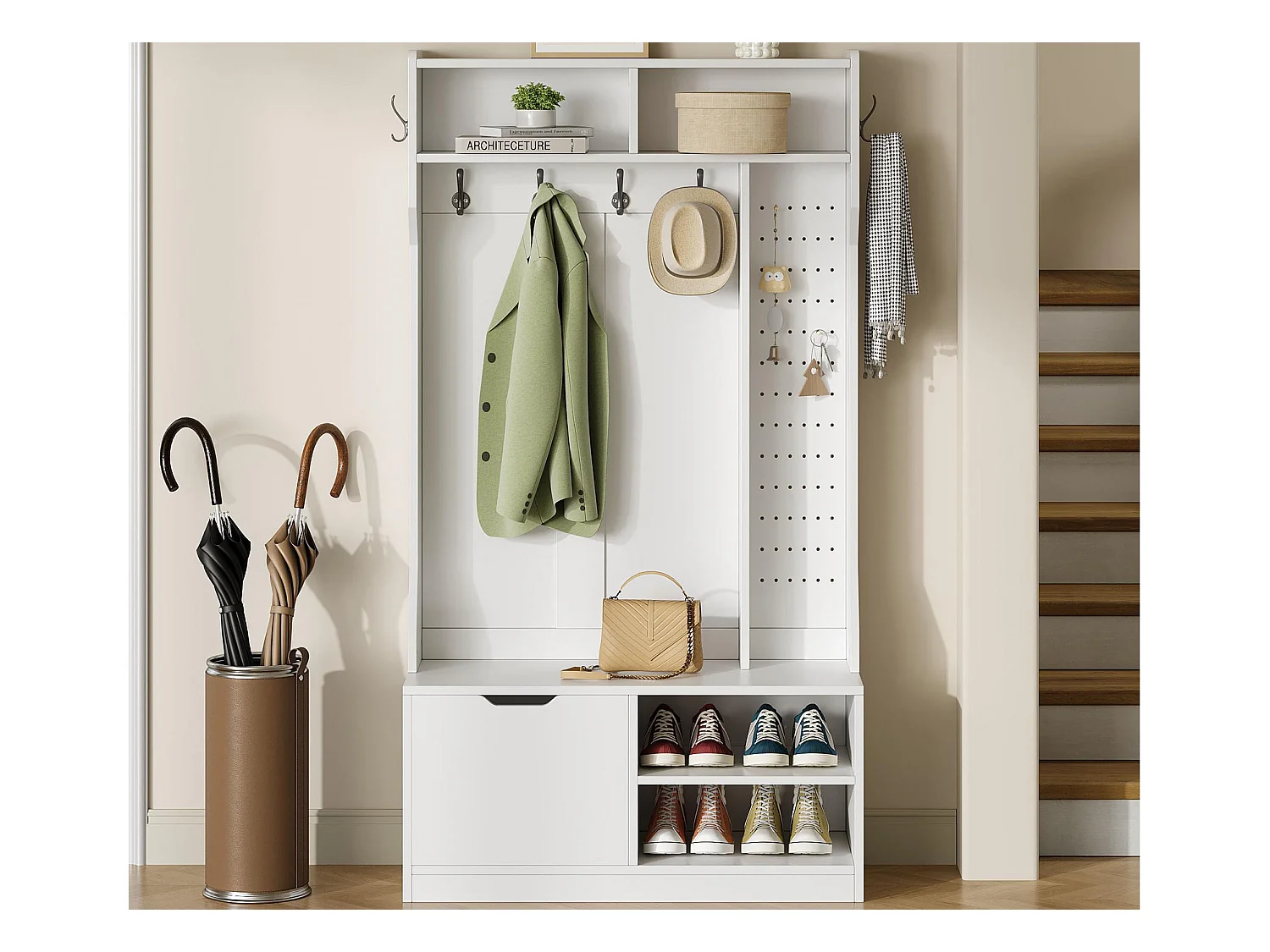 Vestiaire d'entrée moderne 100x40x185.4cm - avec 6 crochets et 1 porte - avec 4 étagères ouvertes - Blanc