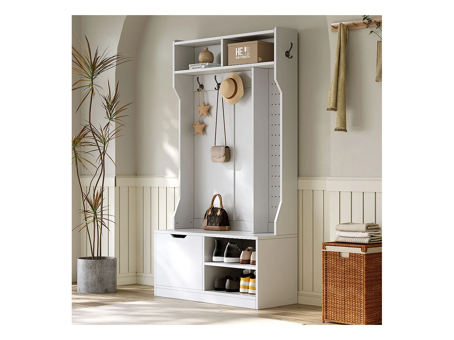 Vestiaire d'entrée moderne 100x40x185.4cm - avec 6 crochets et 1 porte - avec 4 étagères ouvertes - Blanc