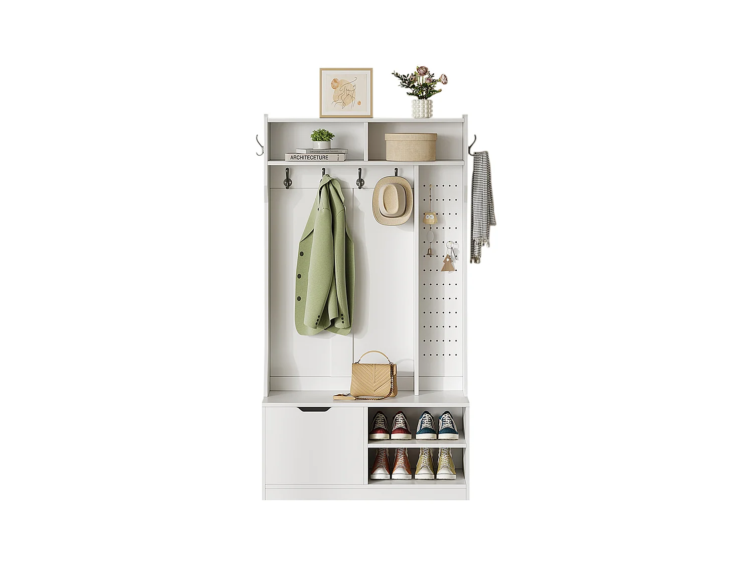 Vestiaire d'entrée moderne 100x40x185.4cm - avec 6 crochets et 1 porte - avec 4 étagères ouvertes - Blanc