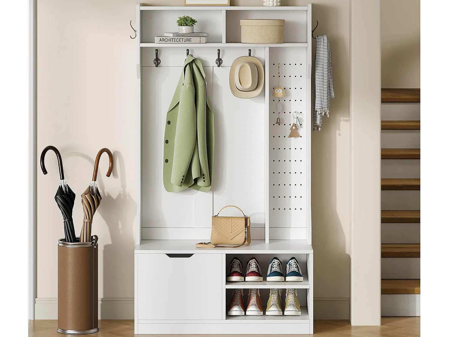 Vestiaire d'entrée moderne 100x40x185.4cm - avec 6 crochets et 1 porte - avec 4 étagères ouvertes - Blanc