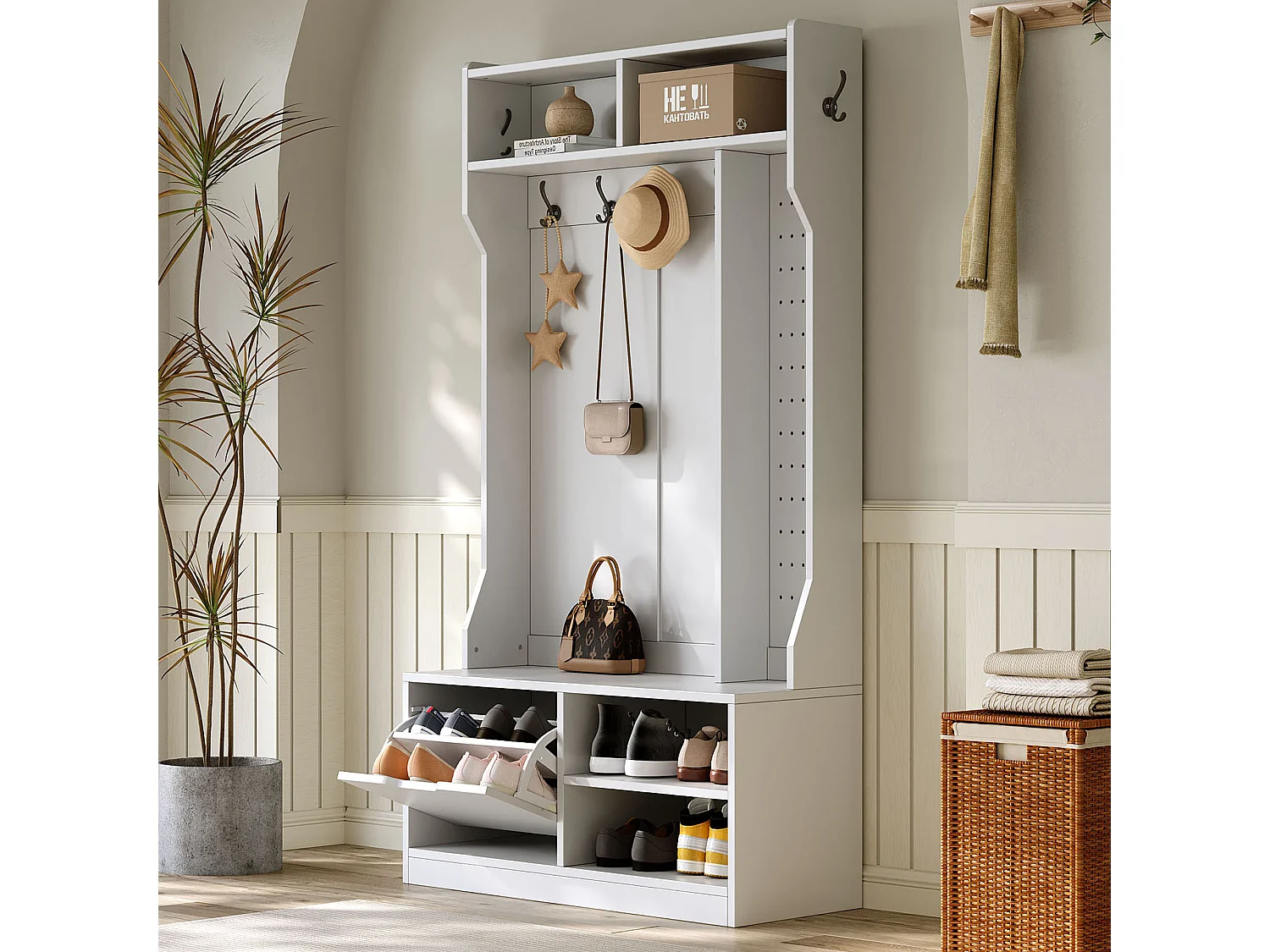 Vestiaire d'entrée moderne 100x40x185.4cm - avec 6 crochets et 1 porte - avec 4 étagères ouvertes - Blanc