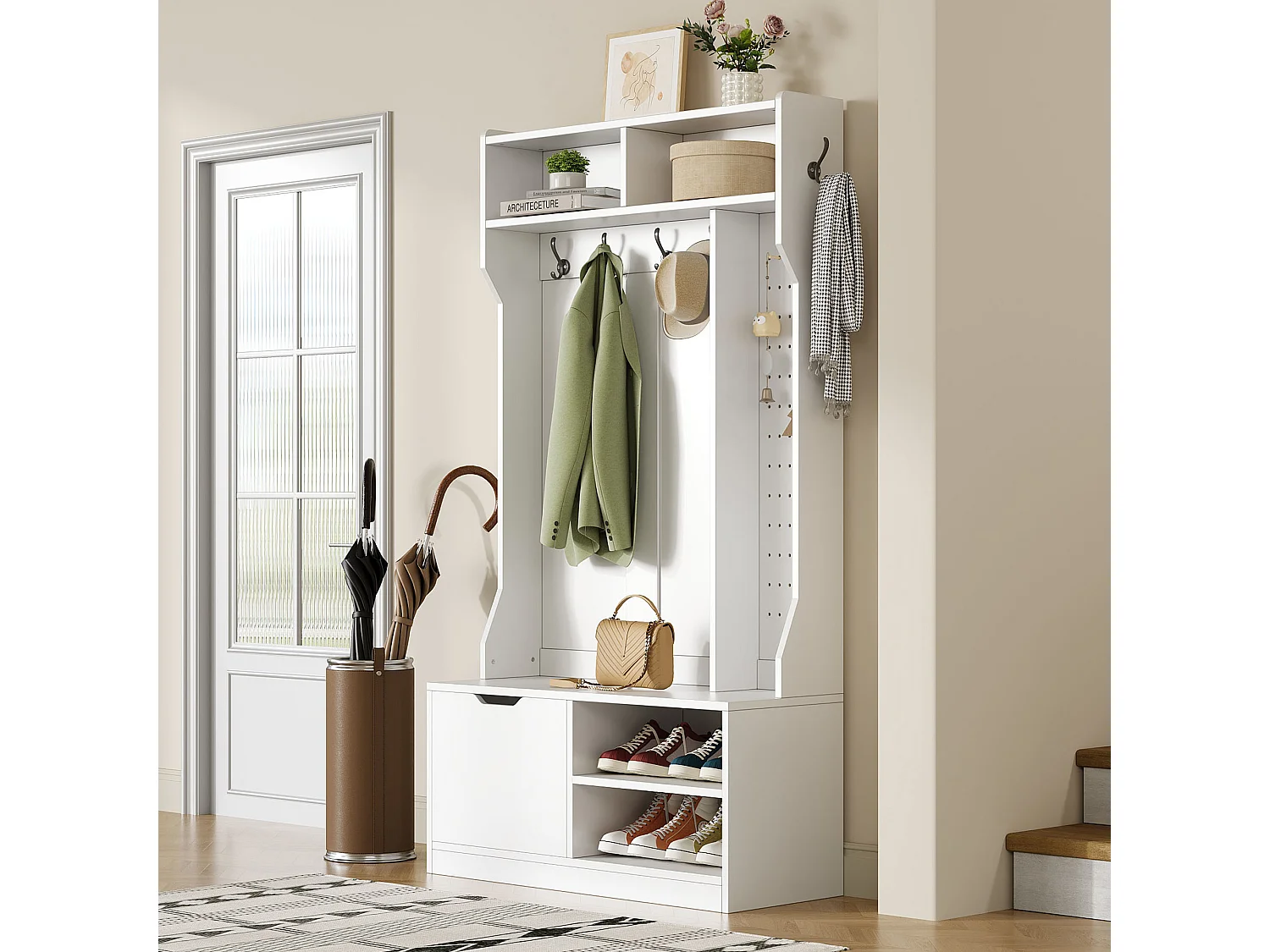 Vestiaire d'entrée moderne 100x40x185.4cm - avec 6 crochets et 1 porte - avec 4 étagères ouvertes - Blanc