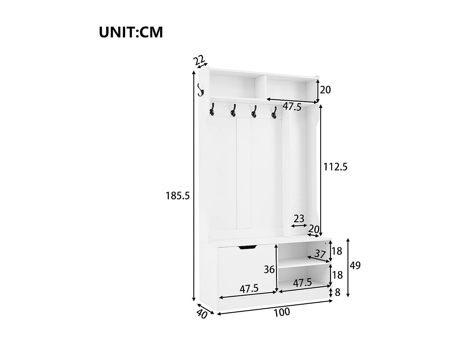 Vestiaire d'entrée moderne 100x40x185.4cm - avec 6 crochets et 1 porte - avec 4 étagères ouvertes - Blanc