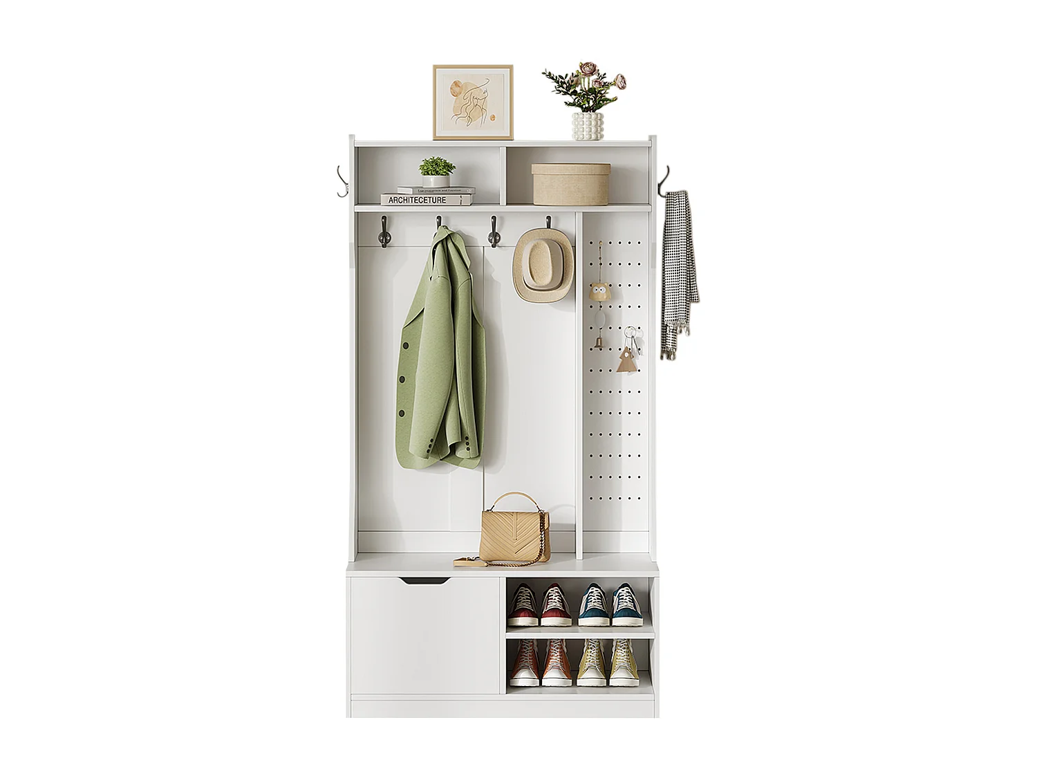 Vestiaire d'entrée moderne 100x40x185.4cm - avec 6 crochets et 1 porte - avec 4 étagères ouvertes - Blanc