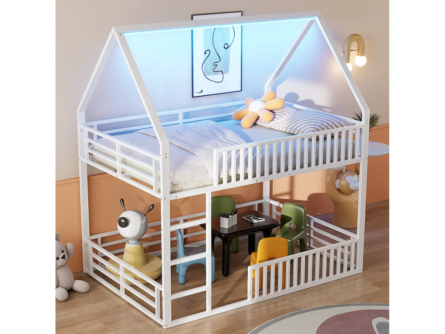 Witte kinder stapelbed 140x200cm met LED-verlichting, barrière en ladder, metalen frame (zonder matras)
