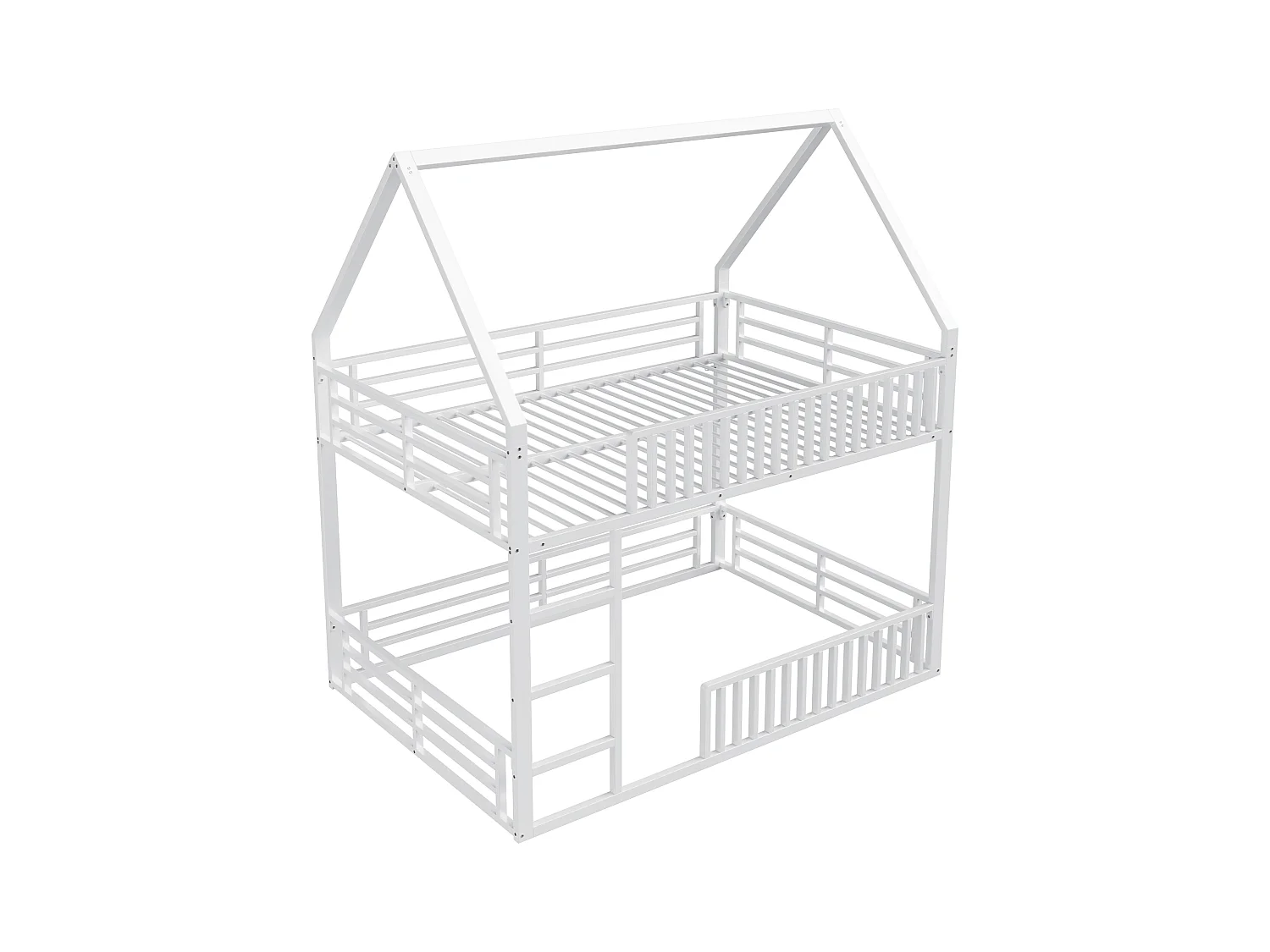 Lit superposé cabane enfant blanc 140x200cm avec éclairage LED, barrière et échelle, structure en métal (sans matelas)