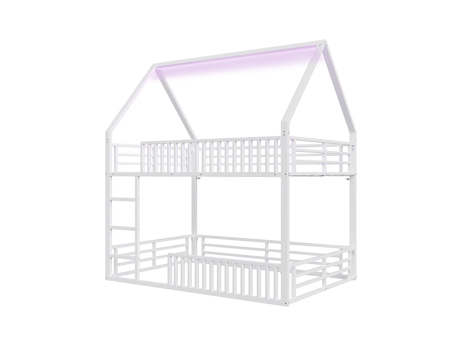 Lit superposé cabane enfant blanc 140x200cm avec éclairage LED, barrière et échelle, structure en métal (sans matelas)