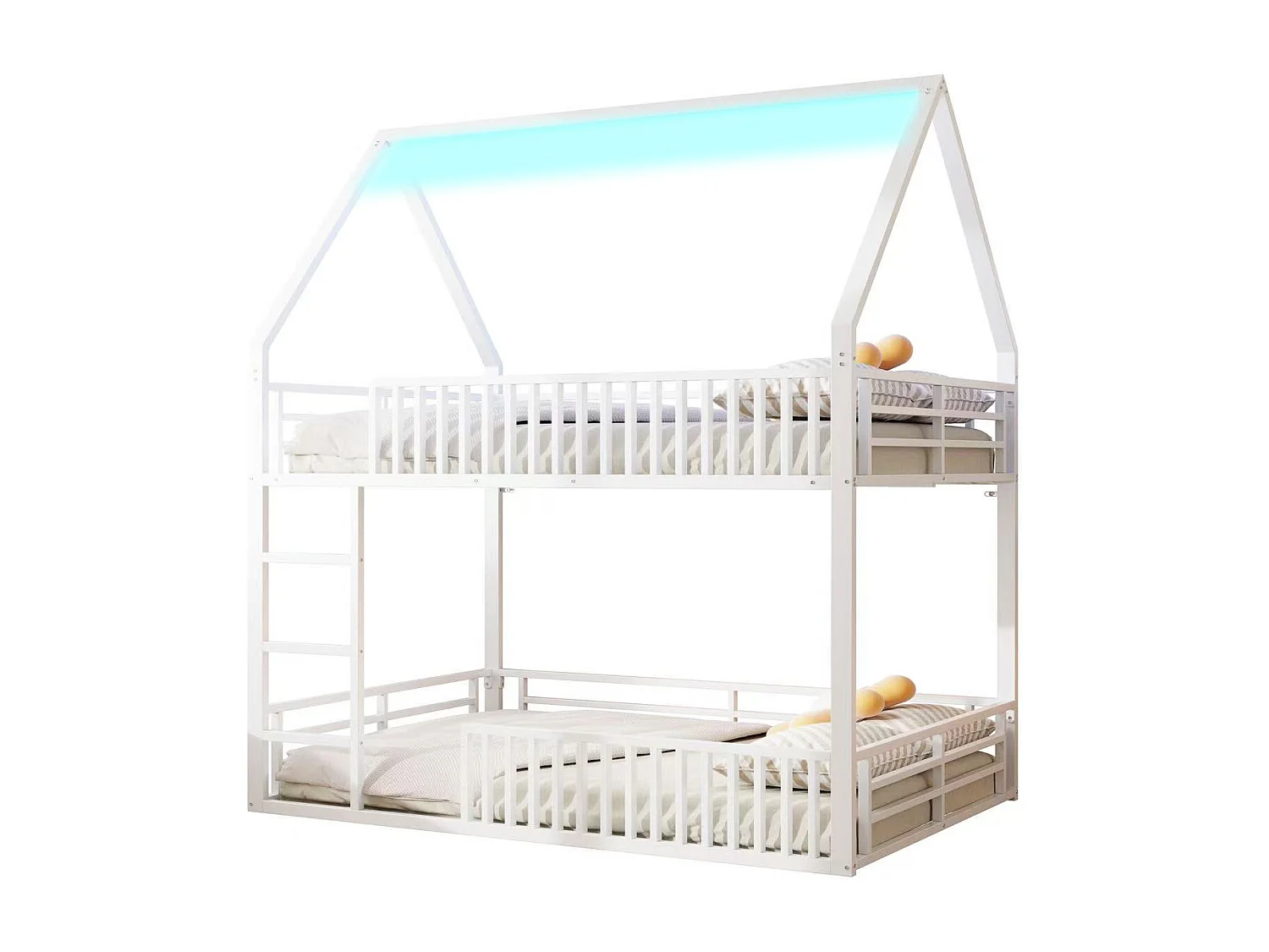 Litera infantil blanca tipo cabina 140x200cm con iluminación LED, barrera y escalera, estructura de metal (sin colchón)