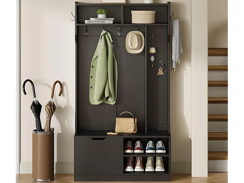 Perchero de entrada moderno 100x40x185.4cm - con 6 ganchos y 1 puerta - con 4 estantes abiertos - Negro