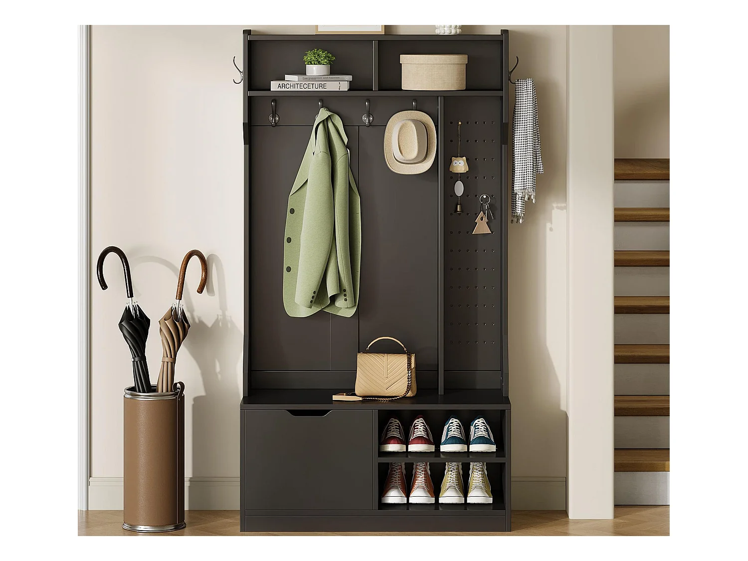 Vestiaire d'entrée moderne 100x40x185.4cm - avec 6 crochets et 1 porte - avec 4 étagères ouvertes - noir