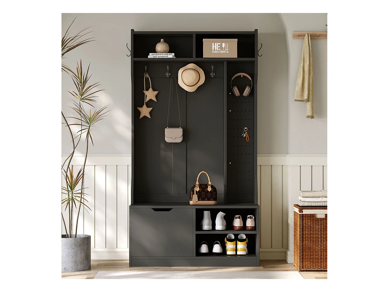 Vestiaire d'entrée moderne 100x40x185.4cm - avec 6 crochets et 1 porte - avec 4 étagères ouvertes - noir