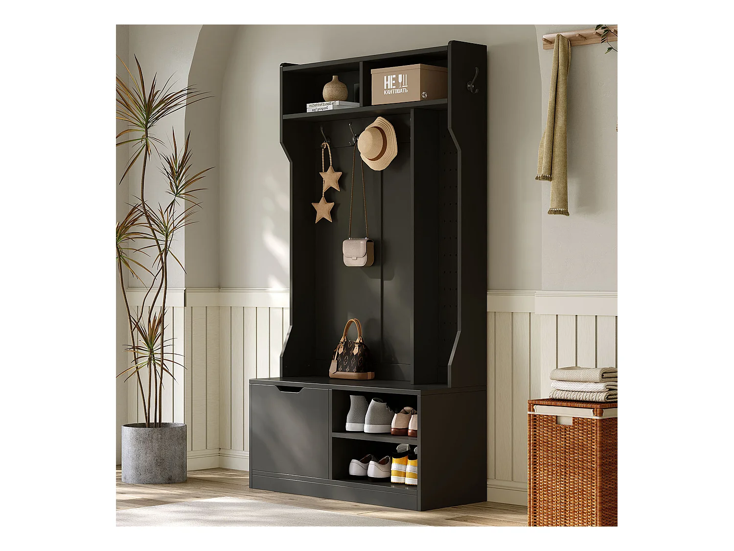 Vestiaire d'entrée moderne 100x40x185.4cm - avec 6 crochets et 1 porte - avec 4 étagères ouvertes - noir