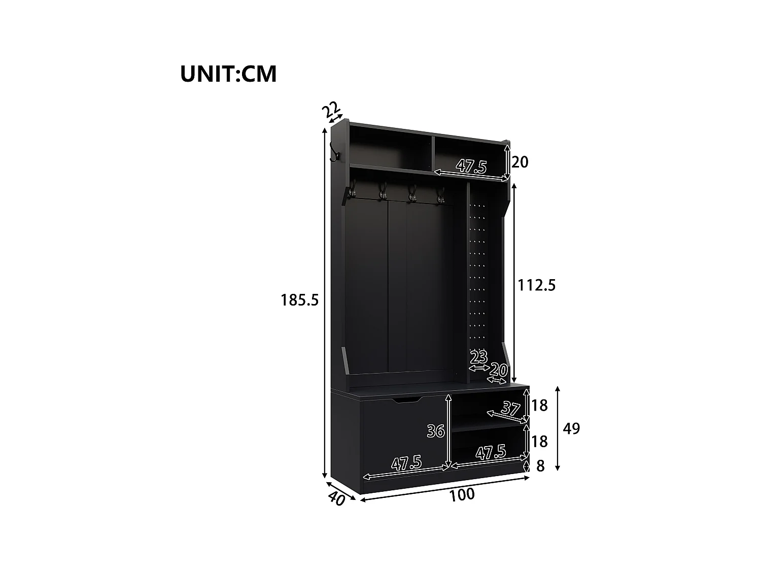 Vestiaire d'entrée moderne 100x40x185.4cm - avec 6 crochets et 1 porte - avec 4 étagères ouvertes - noir