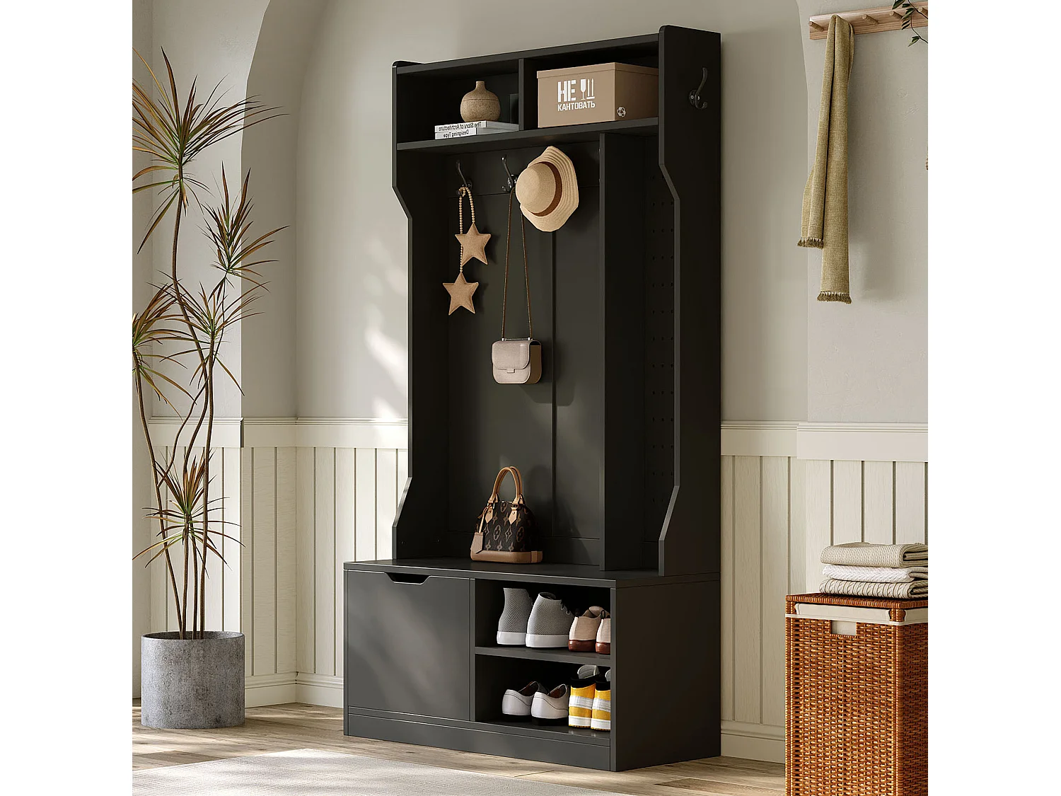 Vestiaire d'entrée moderne 100x40x185.4cm - avec 6 crochets et 1 porte - avec 4 étagères ouvertes - noir