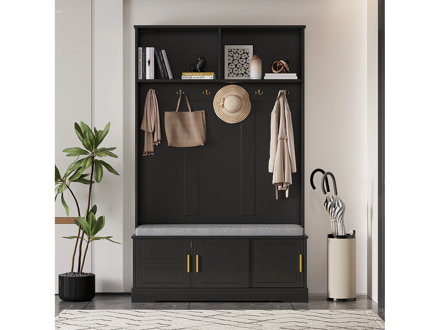 Zwarte kledingkast met 3 deuren, schoenenbank en 6 haken, eenvoudig en veelzijdig 120×40×191 cm