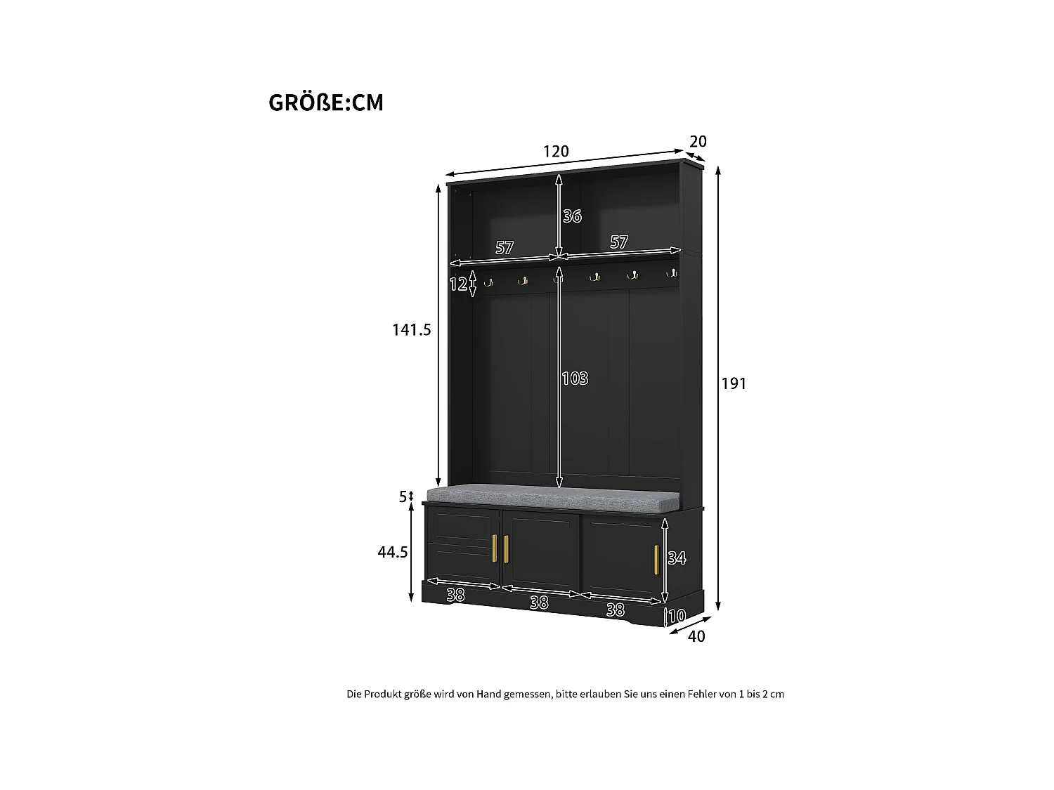 Zwarte kledingkast met 3 deuren, schoenenbank en 6 haken, eenvoudig en veelzijdig 120×40×191 cm