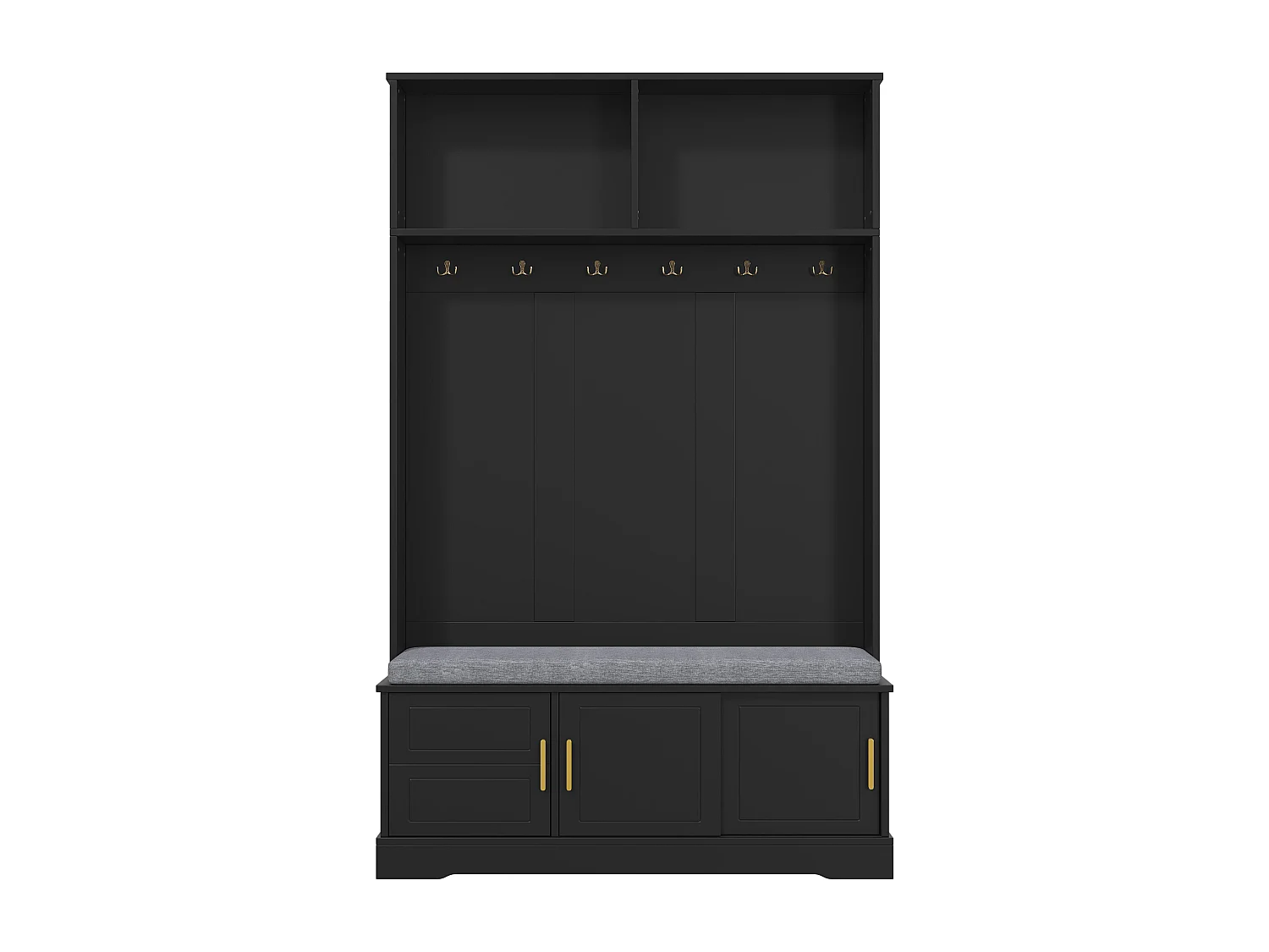 Vestiaire noir avec 3 portes, banc à chaussures et 6 crochets, simple et polyvalent 120×40×191 cm
