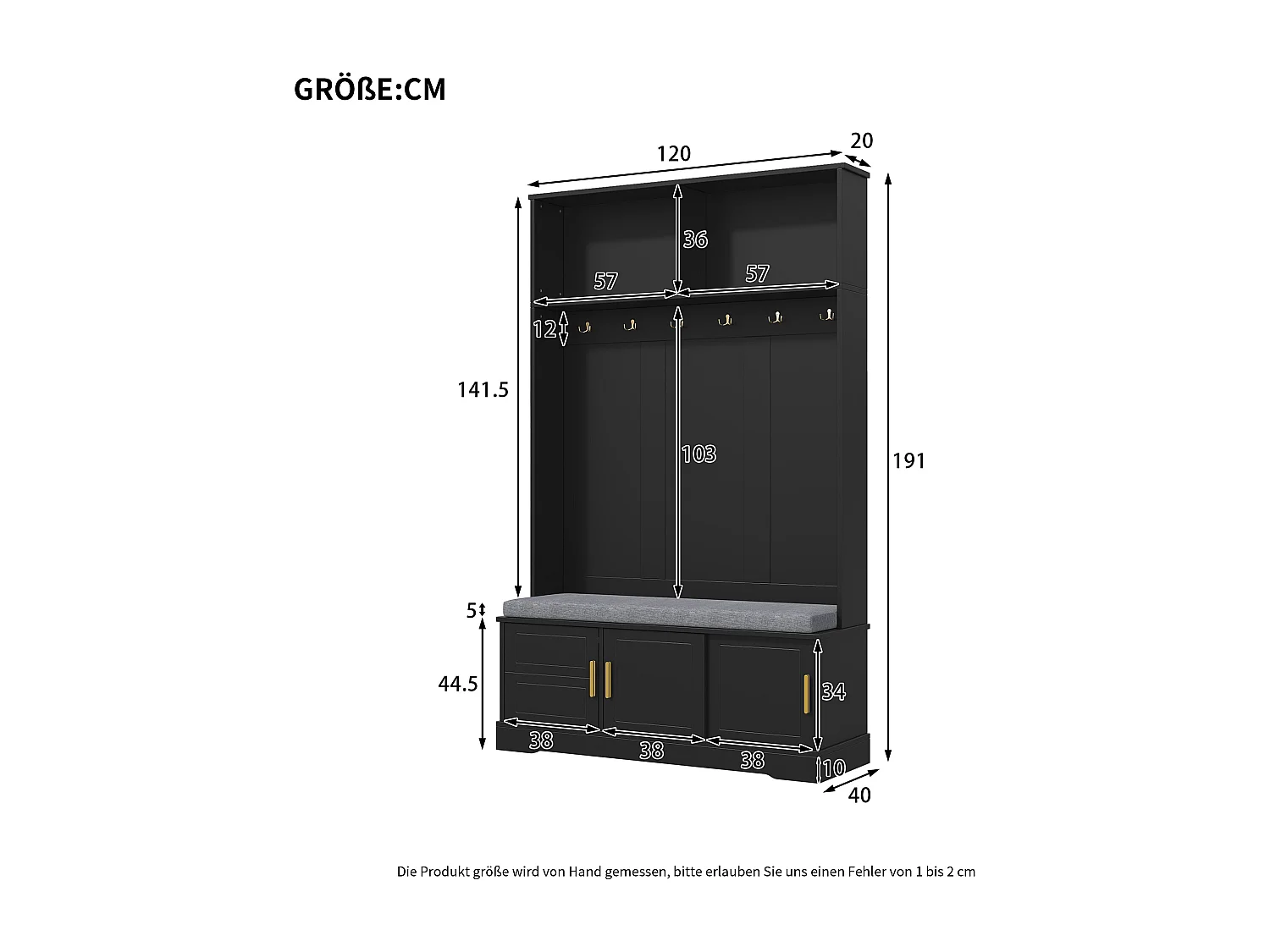 Vestiaire noir avec 3 portes, banc à chaussures et 6 crochets, simple et polyvalent 120×40×191 cm