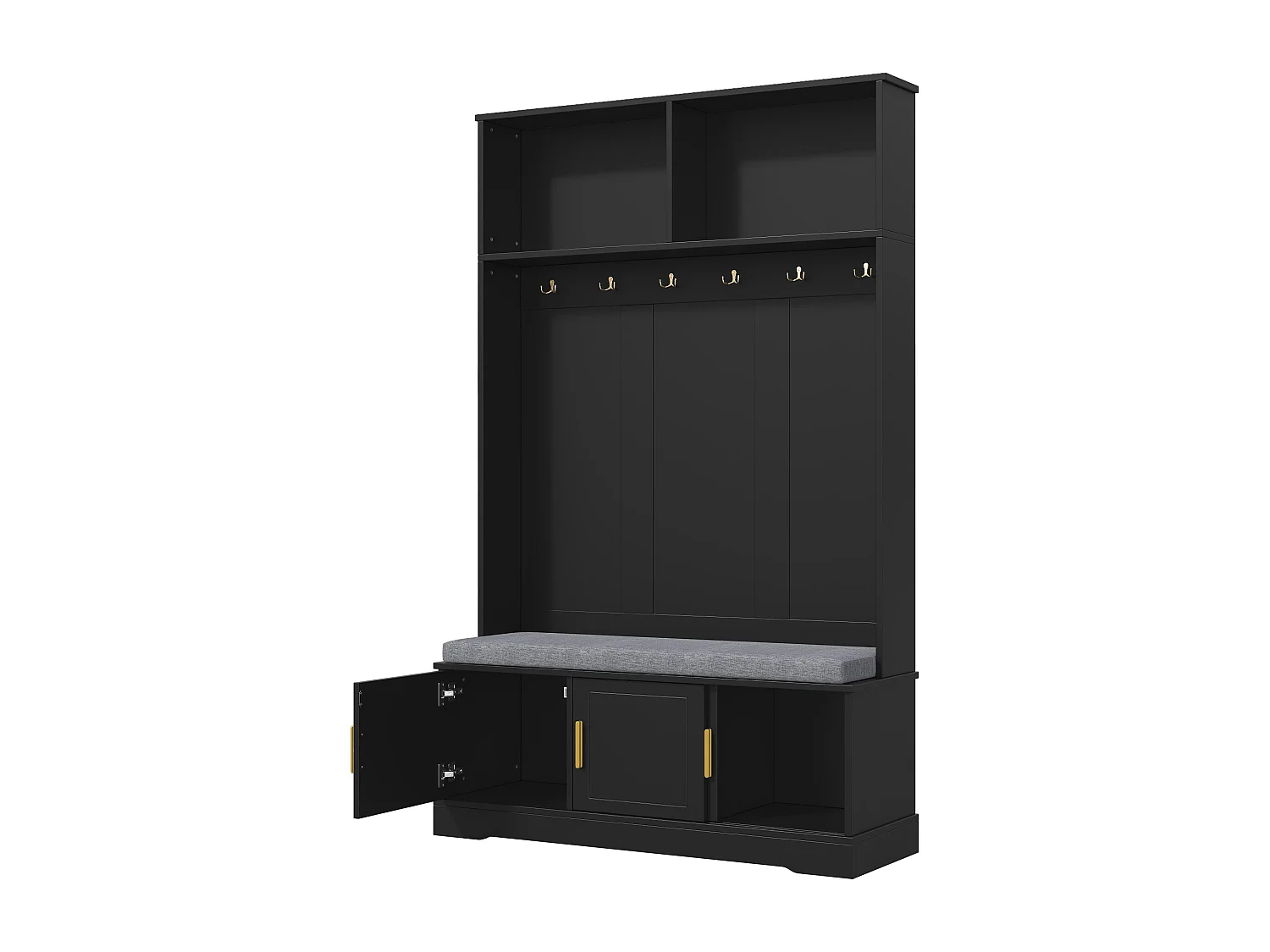 Vestiaire noir avec 3 portes, banc à chaussures et 6 crochets, simple et polyvalent 120×40×191 cm