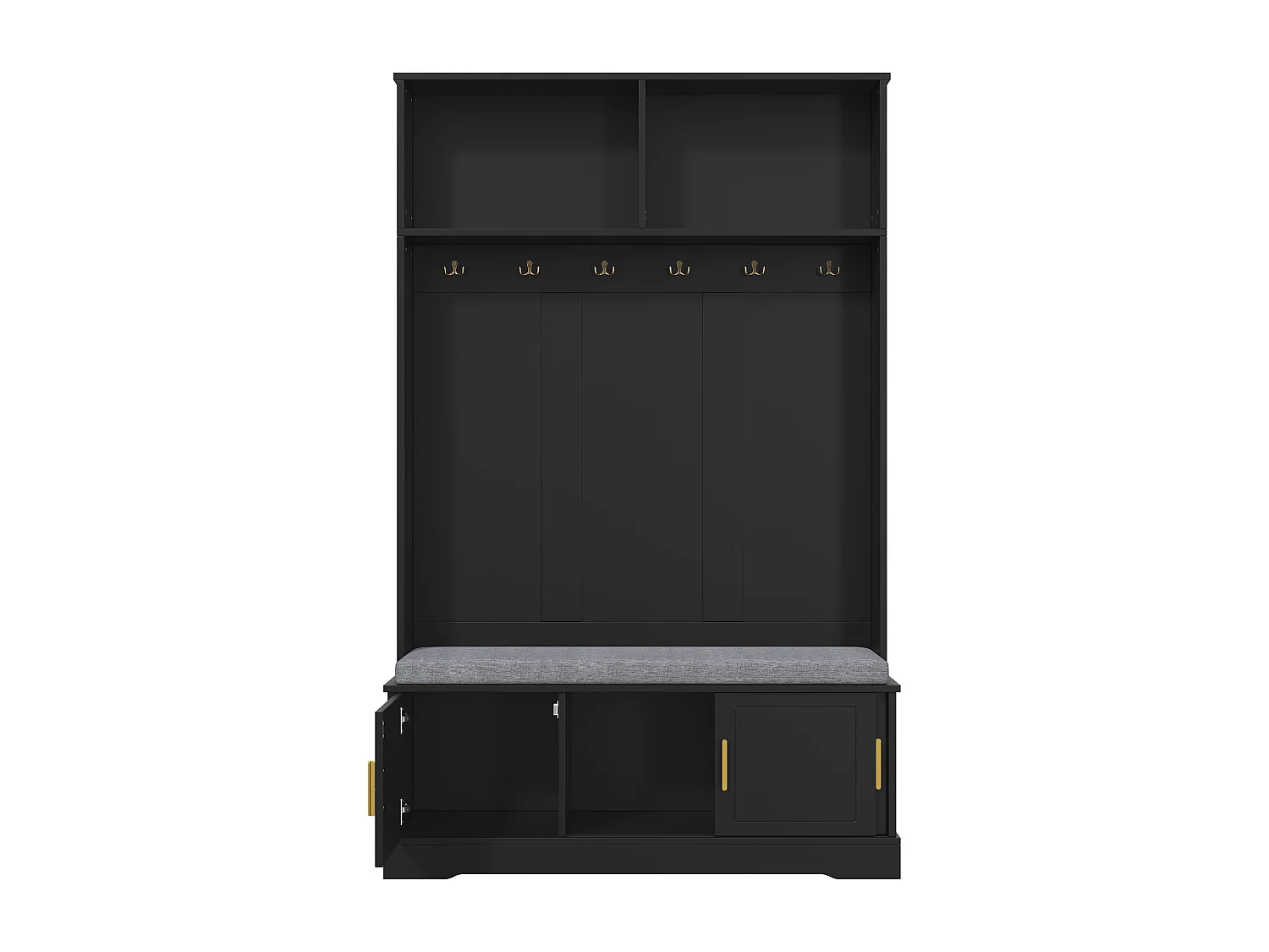 Vestiaire noir avec 3 portes, banc à chaussures et 6 crochets, simple et polyvalent 120×40×191 cm