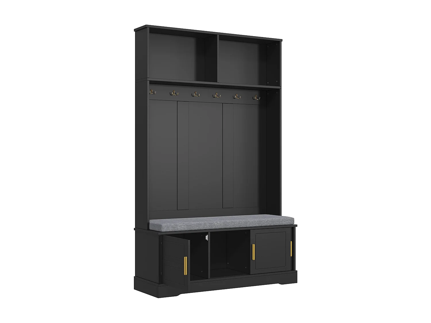 Vestiaire noir avec 3 portes, banc à chaussures et 6 crochets, simple et polyvalent 120×40×191 cm