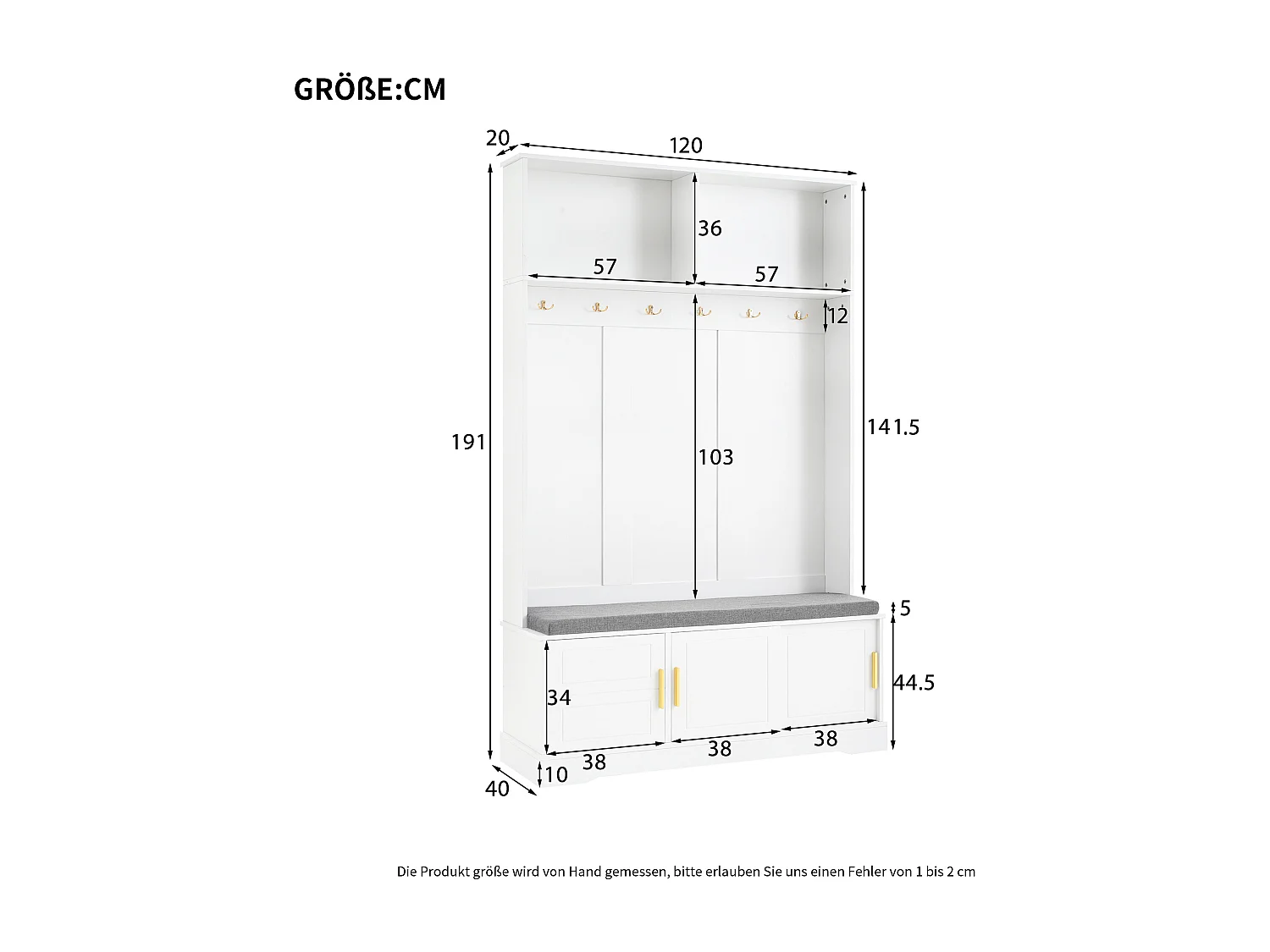 Vestiaire blanc avec 3 portes, banc à chaussures et 6 crochets, simple et polyvalent 120×40×191 cm