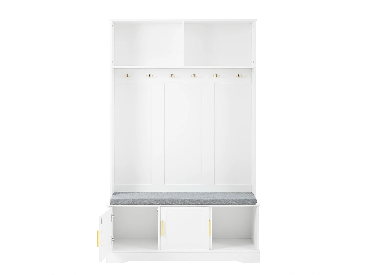 Vestiaire blanc avec 3 portes, banc à chaussures et 6 crochets, simple et polyvalent 120×40×191 cm