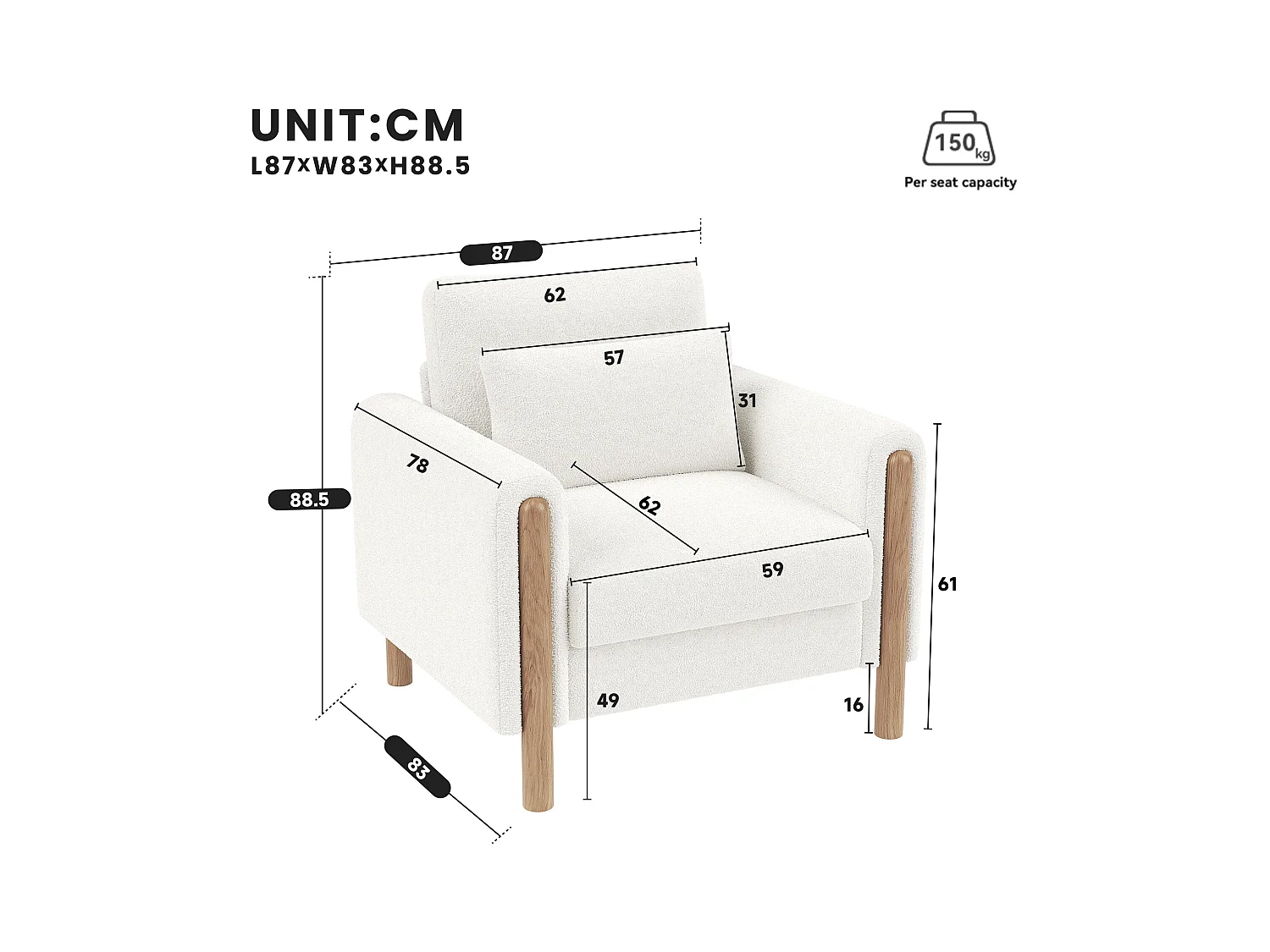 Fauteuil moderne 87x83x88,5 cm - coussins épais - bois massif + coton PP - blanc