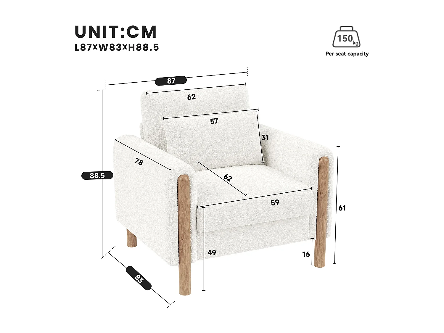 Moderner Sessel 87x83x88,5 cm - dicke Kissen - Massivholz + Baumwolle PP - weiß