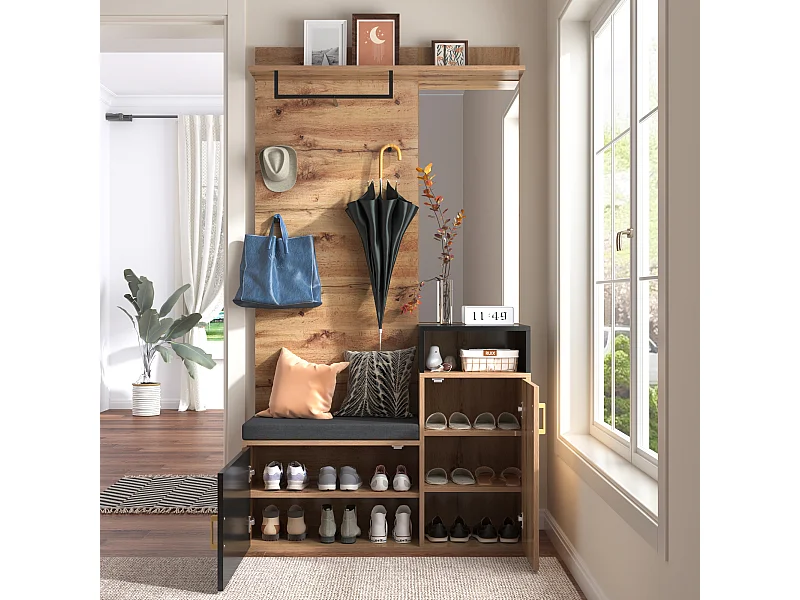 Roupeiro preto e madeira com espelho, 2 portas, banco e 4 ganchos 105x40x191,5cm