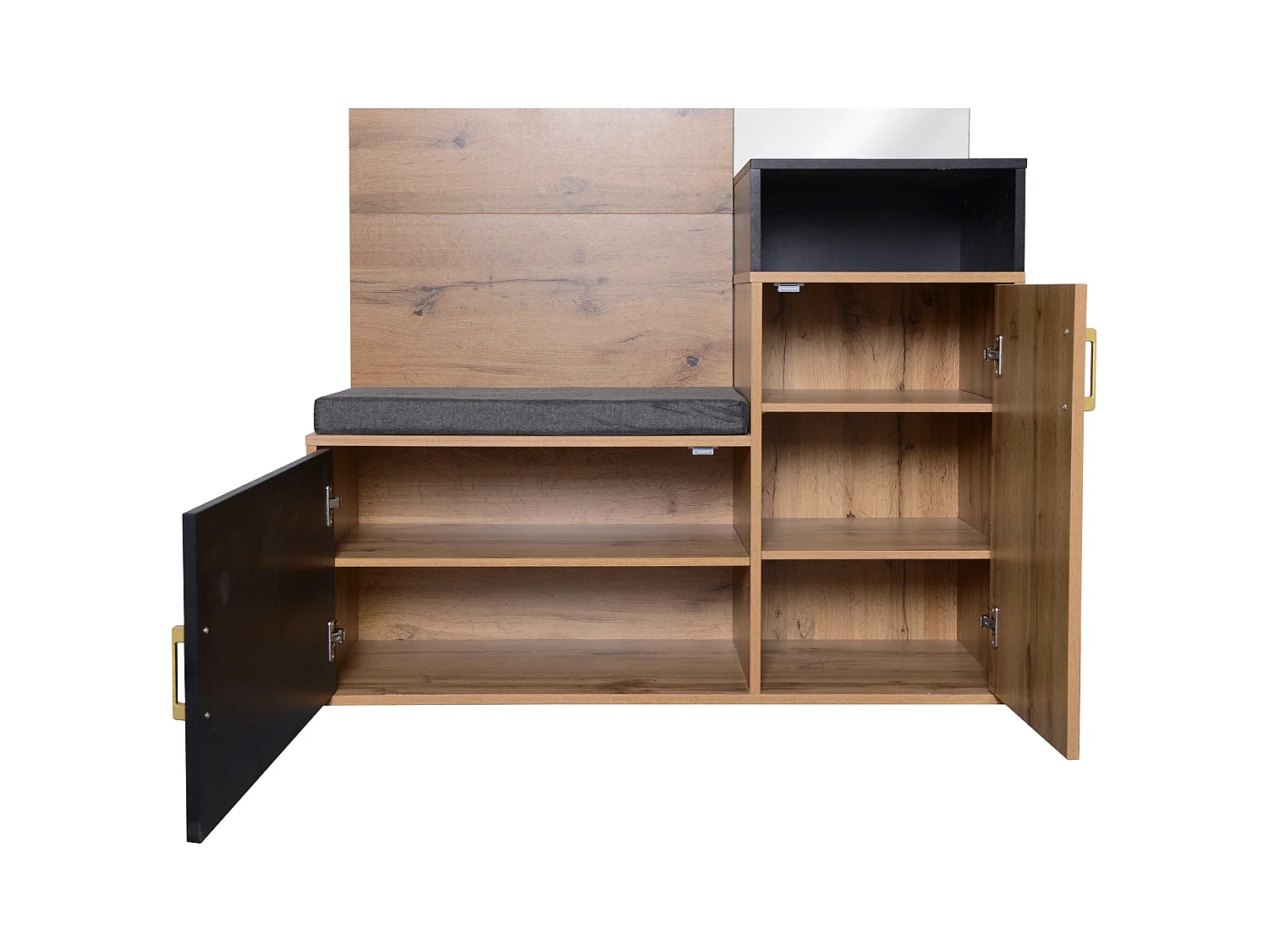 Vestiaire noir et bois avec miroir, 2 portes, banc et 4 patères 105x40x191,5cm