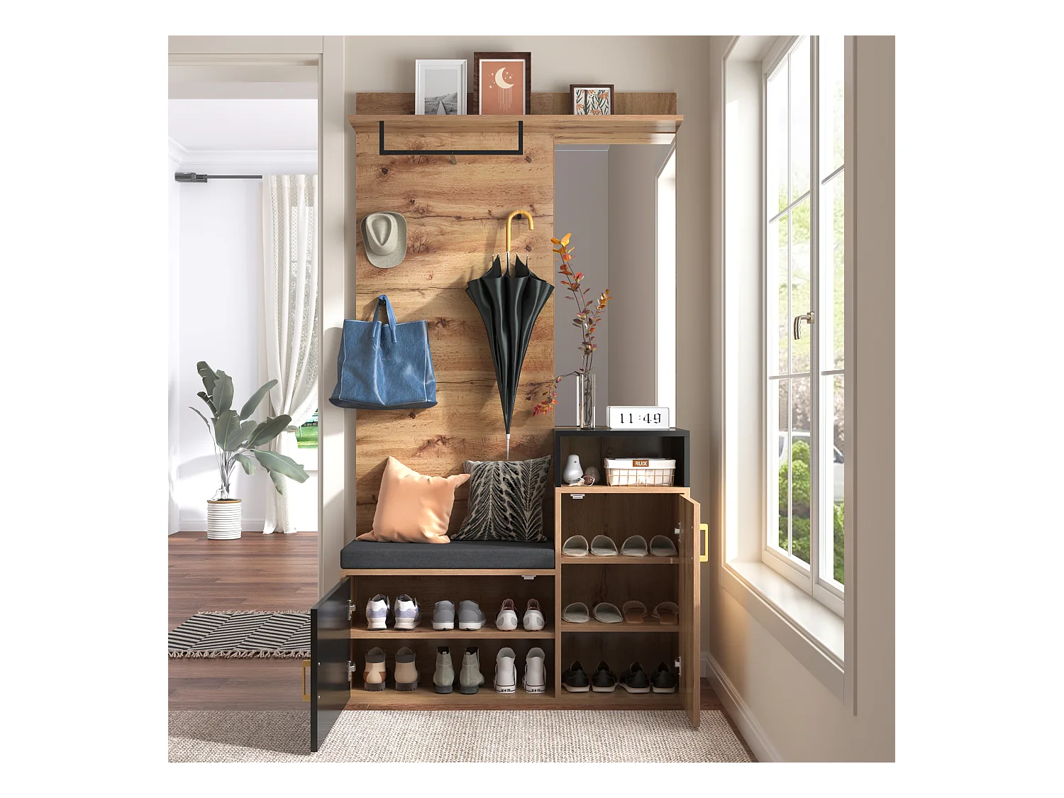 Vestiaire noir et bois avec miroir, 2 portes, banc et 4 patères 105x40x191,5cm
